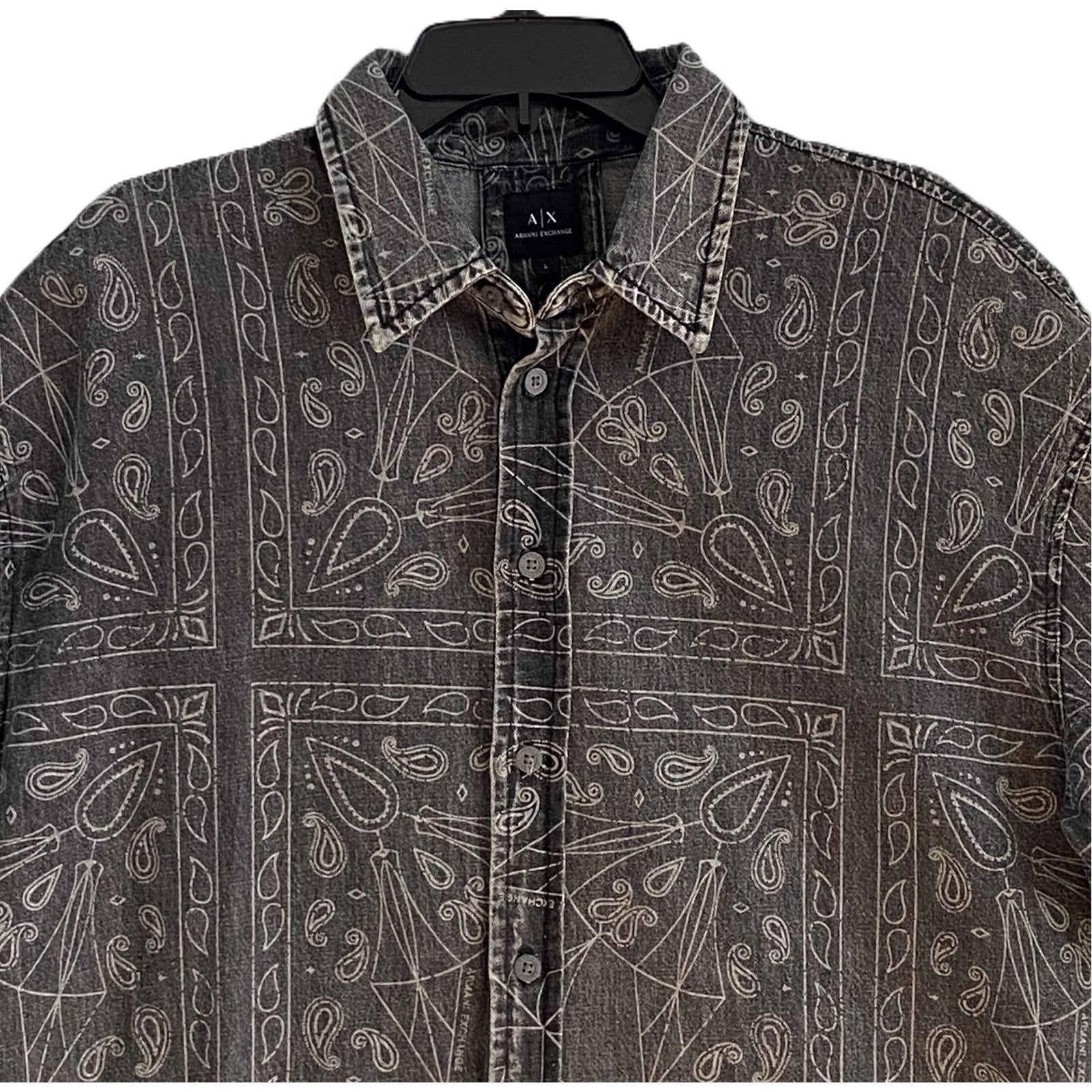 Armani Exchange Shirt Men's Large Regular Fit Short Sleeve Charcoal Paisley
