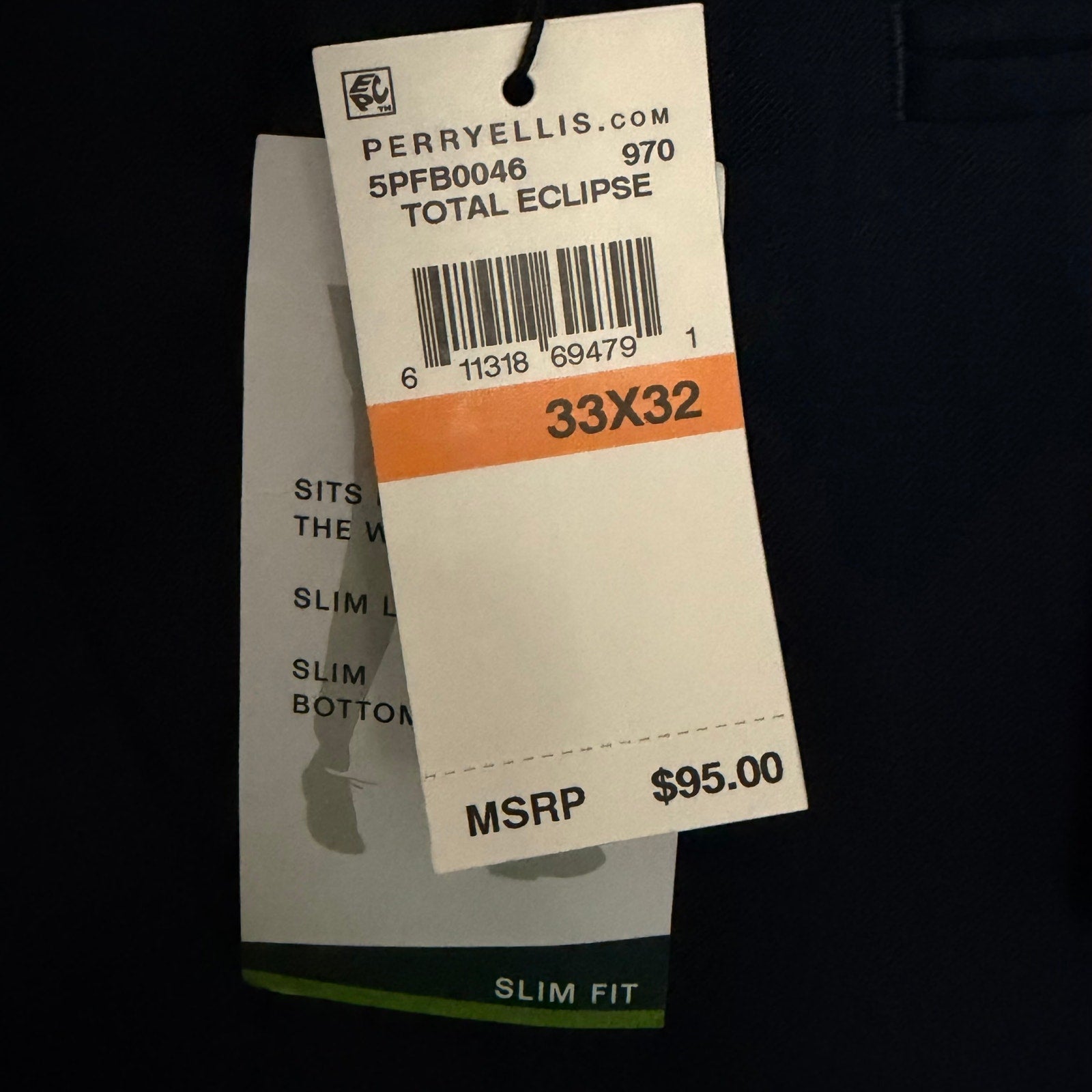 Perry Ellis Portfolio Pant Men's 33"x32" Slim Fit Flat Front Total Eclipse