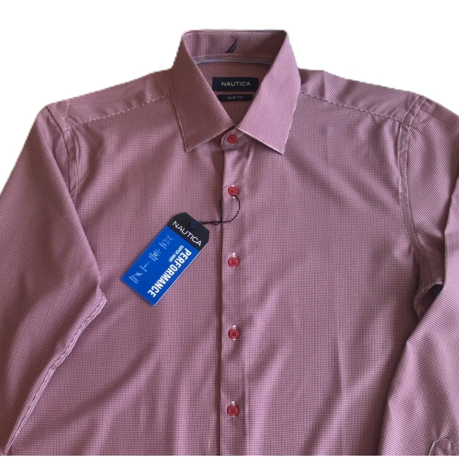 Nautica Dress Shirt Men's 14-14.5 32/33 Performance Slim Fit Red/Navy Check