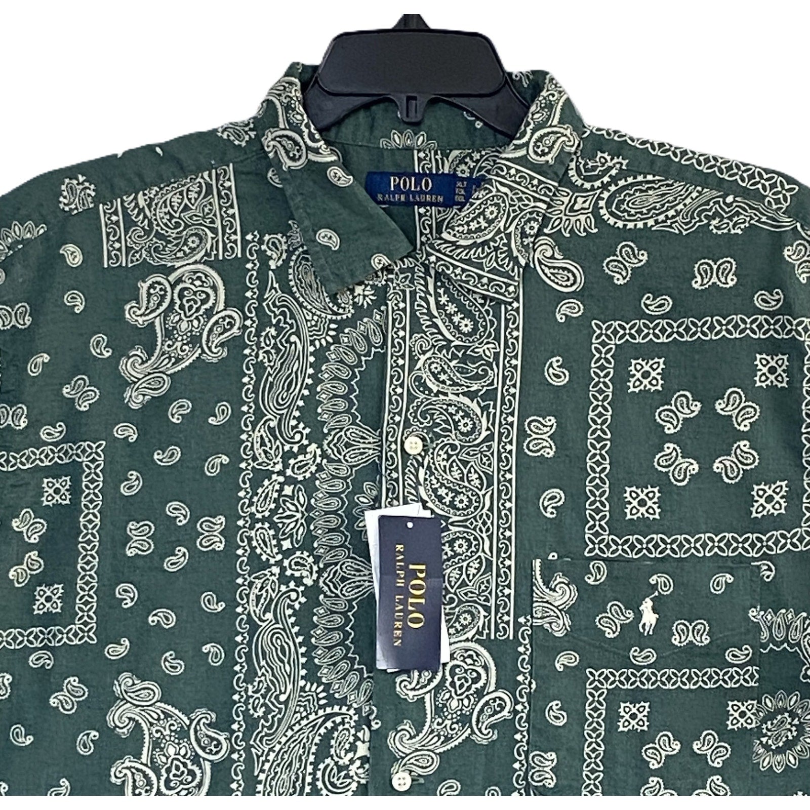 Polo Ralph Lauren Shirt Men's XLT Bandana Print Camp Shirt Linen Blend Green