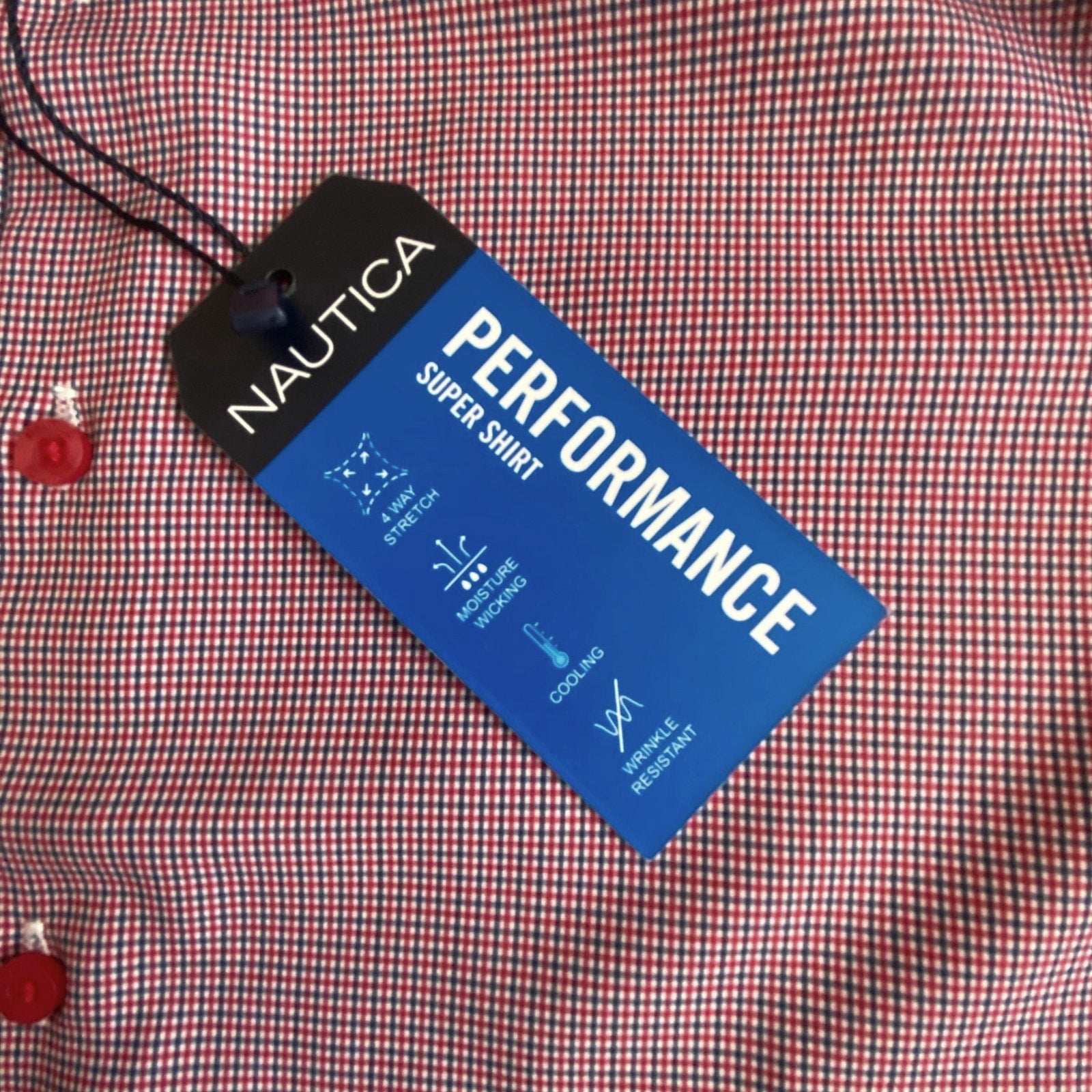 Nautica Dress Shirt Men's 14-14.5 32/33 Performance Slim Fit Red/Navy Check