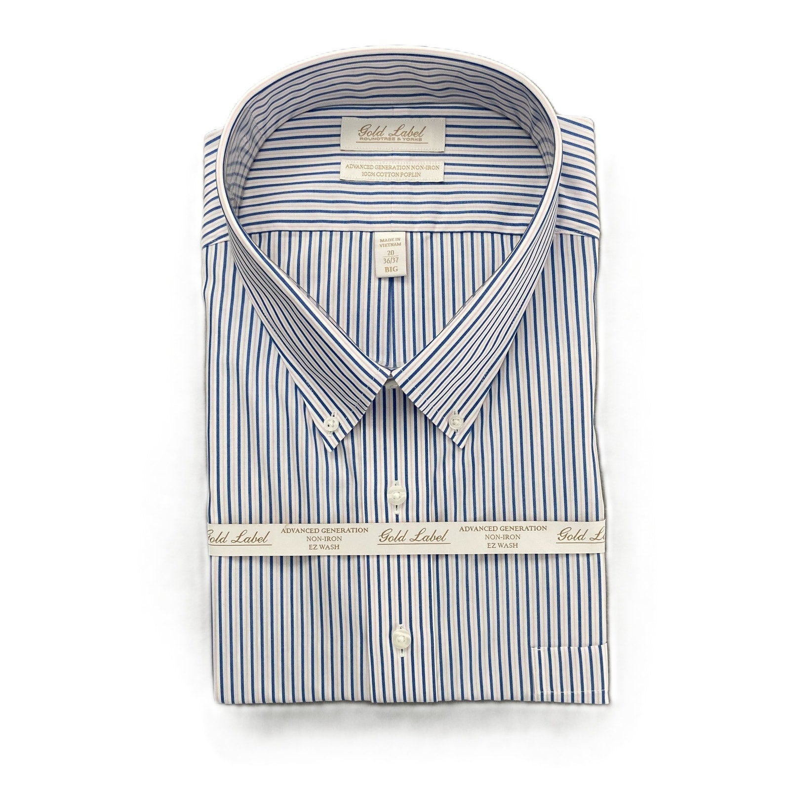 Roundtree & Yorke Shirt Big & Tall Men's 20 36/37 Blue/Pink Strp Dress Shirt