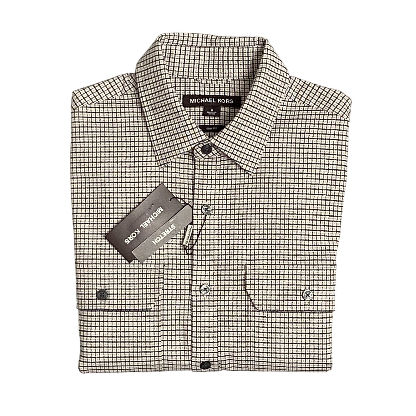 Michael Kors Shirt Men's Small Button-Up Shirt Slim Fit Dual Pockets Khaki