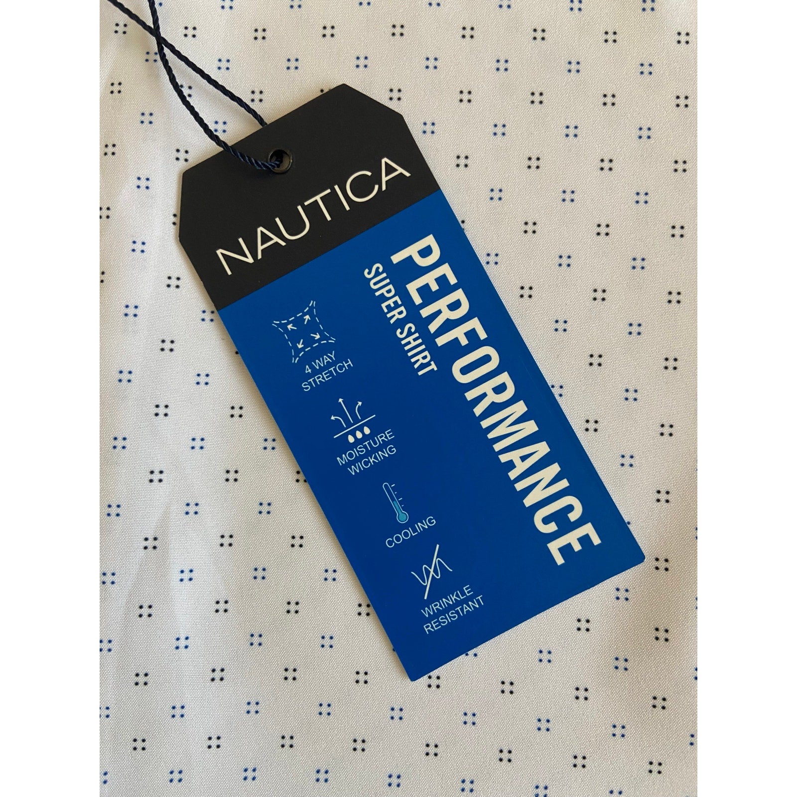 Nautica Dress Shirt Men's 14-14.5 32/33 Performance Slim Fit White Blue Dot NEW