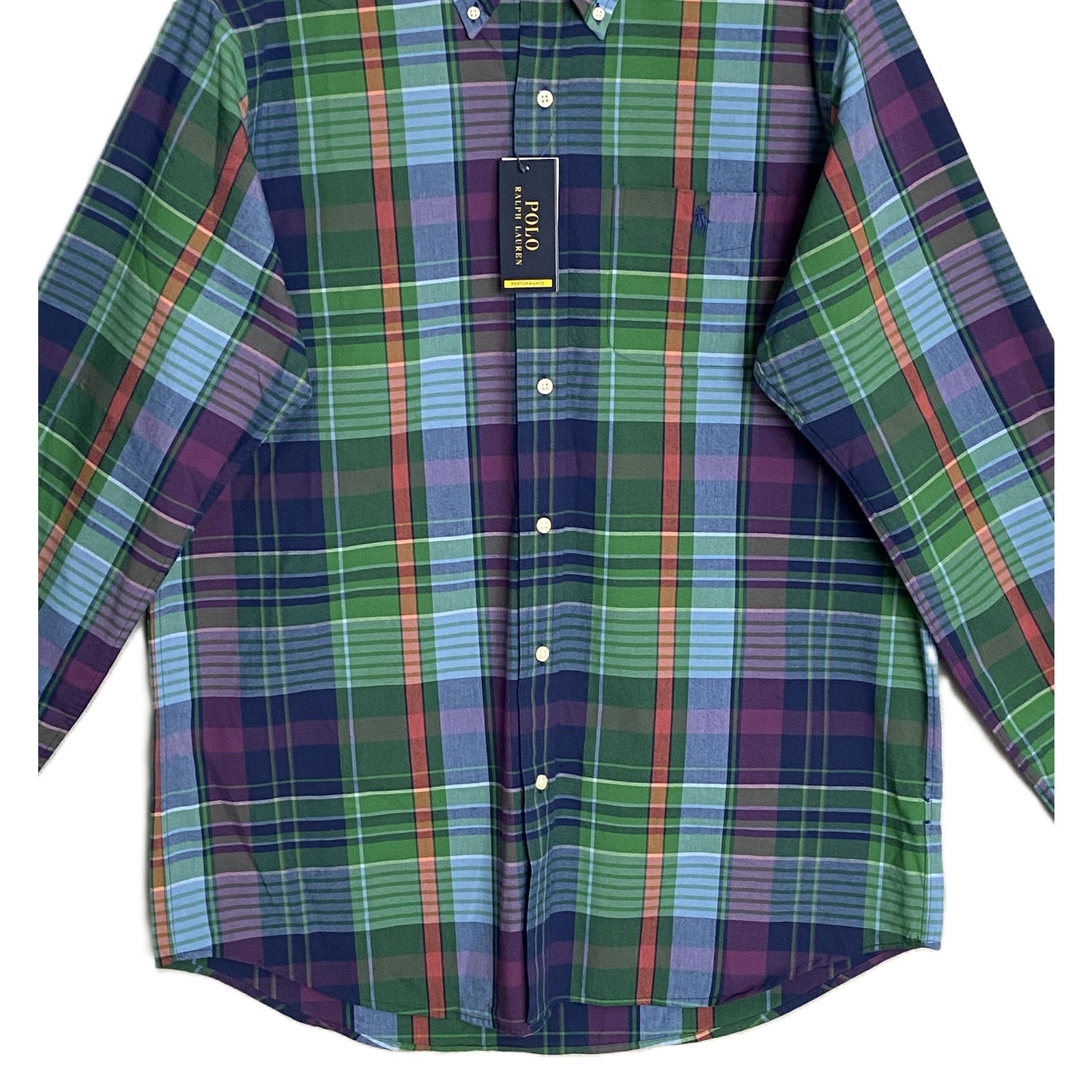 Polo Ralph Lauren Shirt Men's Large Classic Fit Performance Green/Navy Plaid