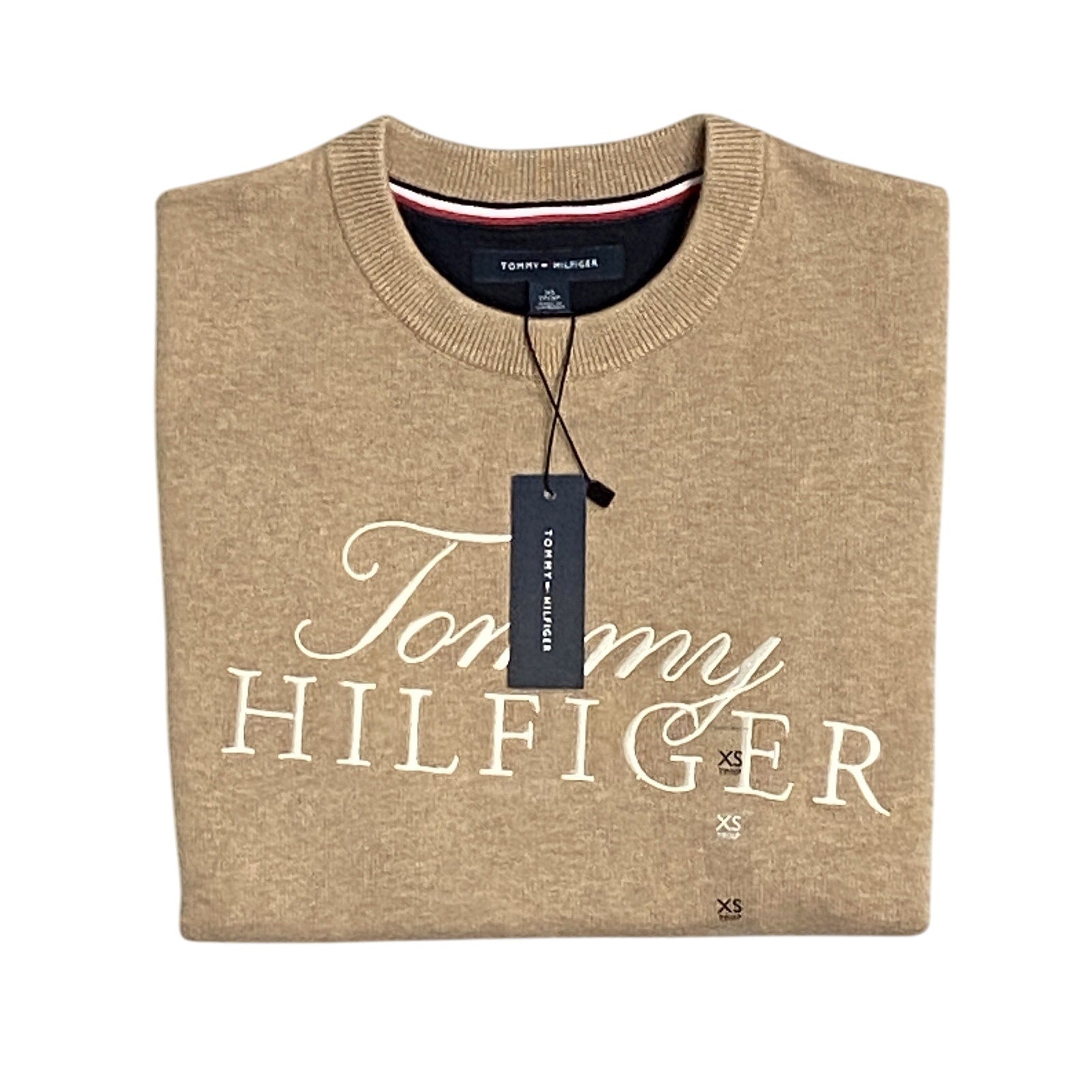 Tommy Hilfiger Sweater Men's XS Signature Crew Neck Embroidered Logo Beige