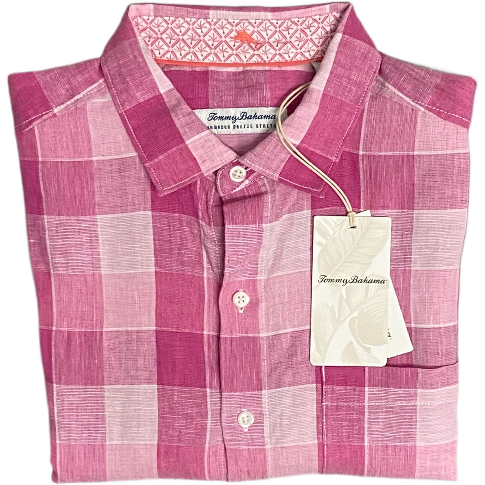 Tommy Bahama Shirt Men's Large "Barbados Breeze Stretch" Pink Linen Blend