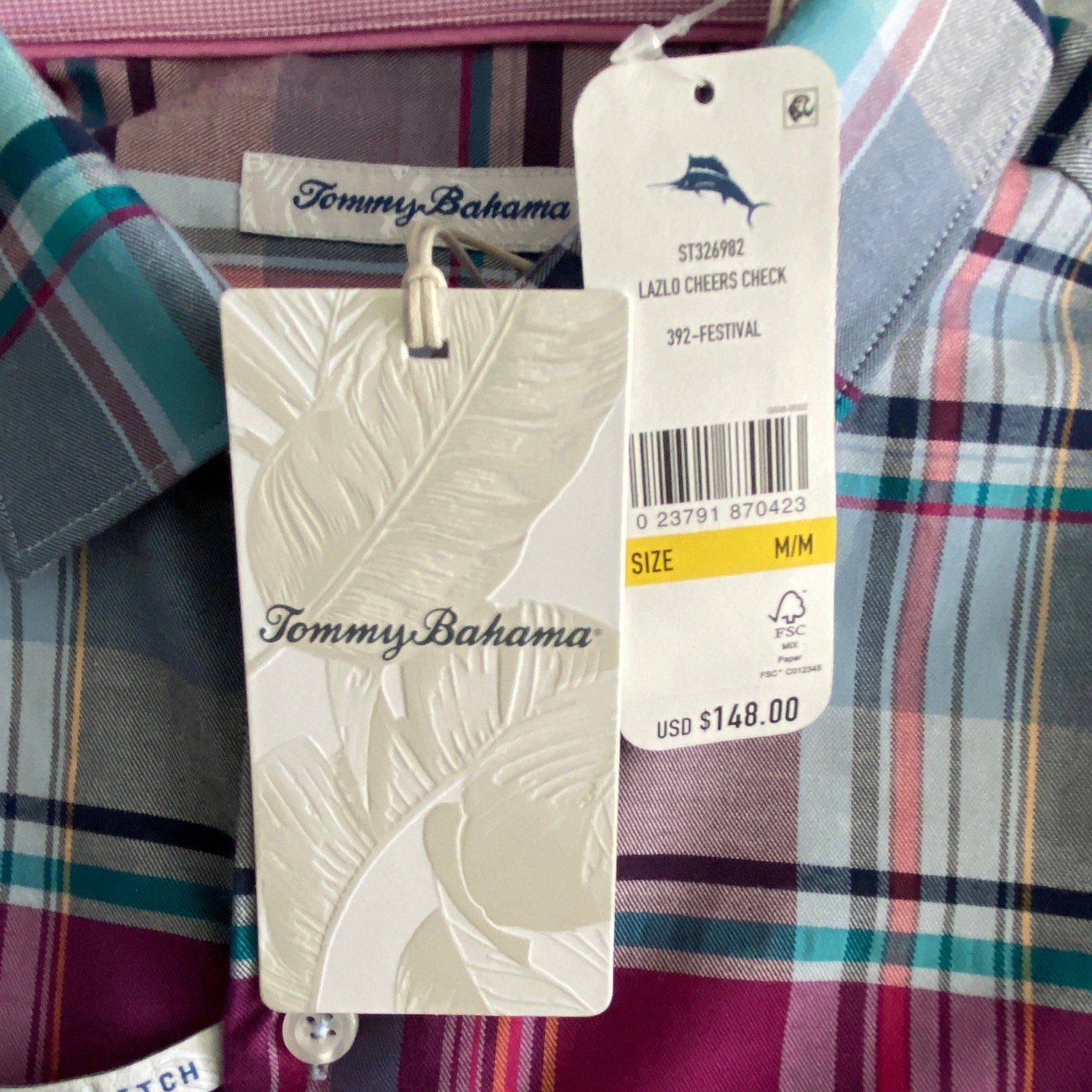 Tommy Bahama Men's Medium "Lazlo Cheers Check" Shirt Silk Blend Stretch