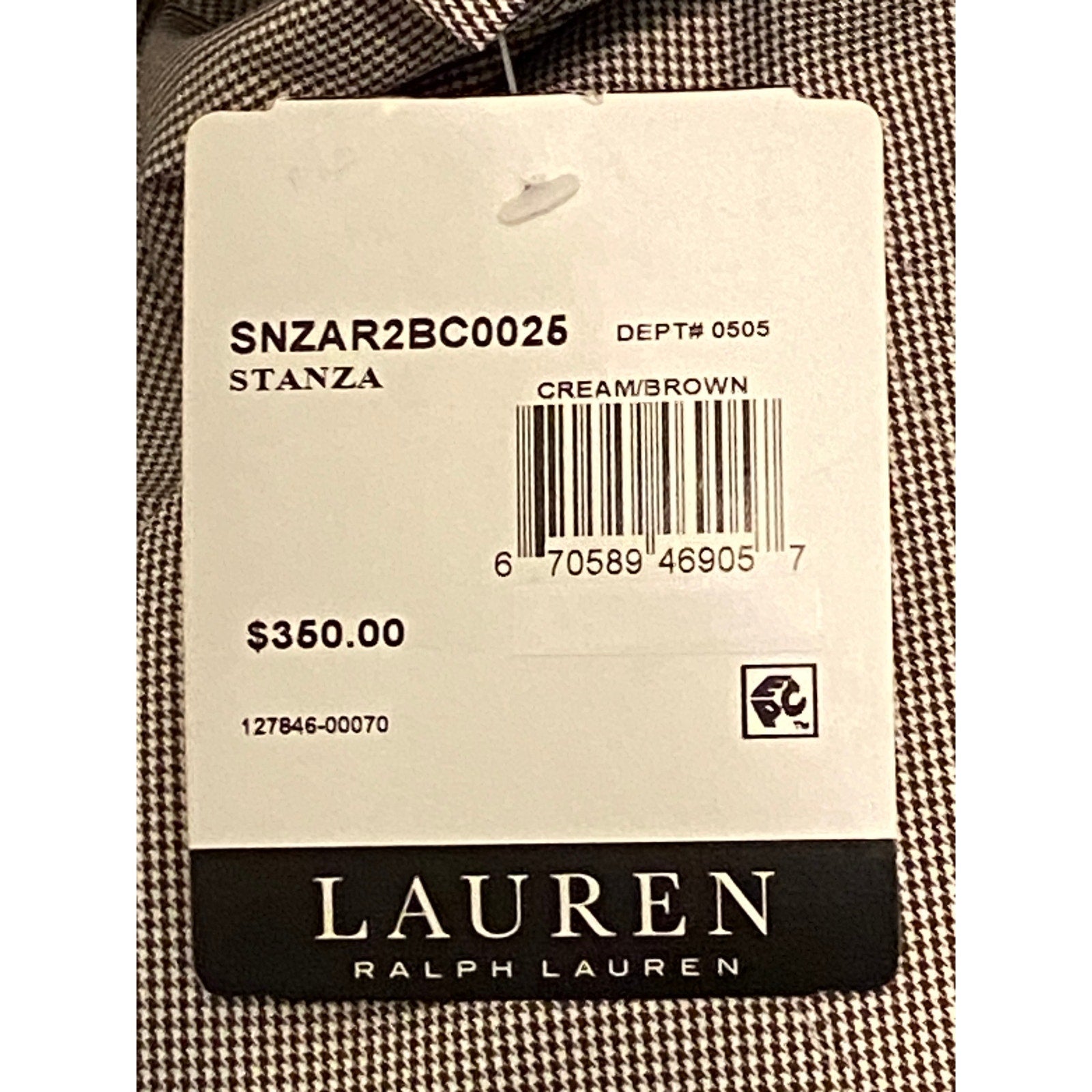 Lauren Ralph Lauren Coat Men's 40 Short All Weather Cream Brown Houndstooth