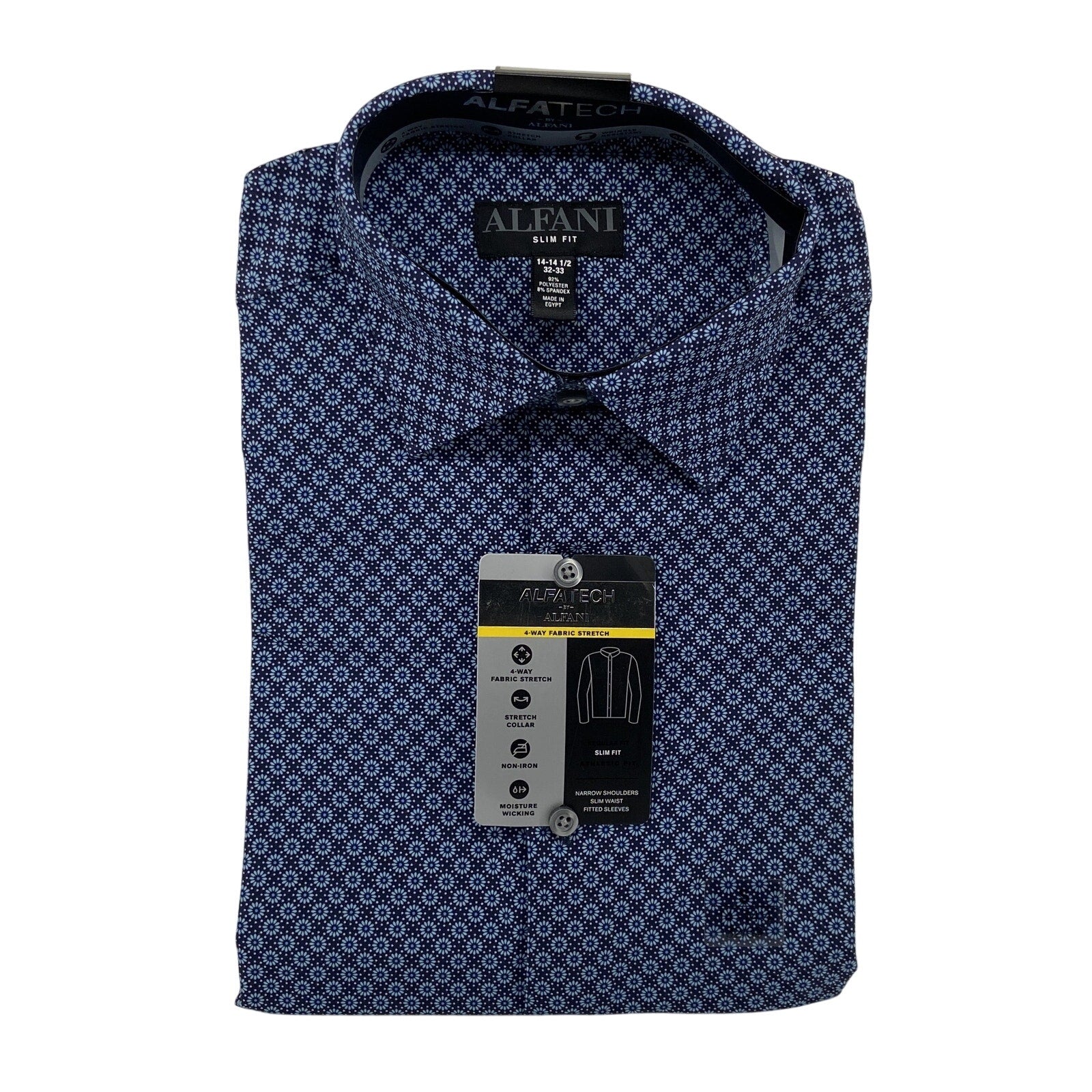 Alfani Dress Shirt Men's 14-14.5 32/33 Alfatech Slim Fit Blue Geo Print