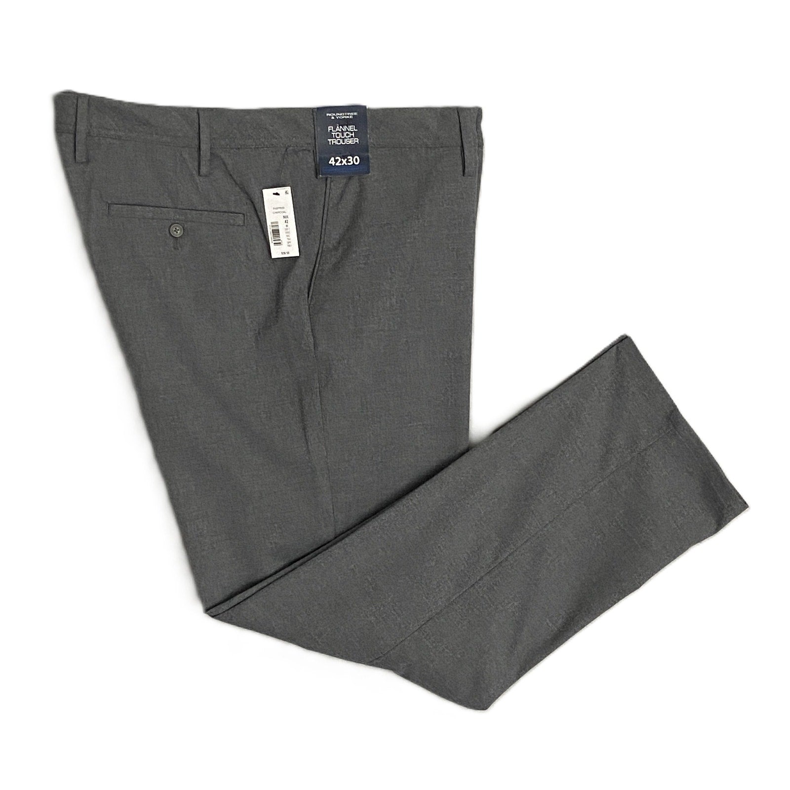 Roundtree & Yorke Men's 42x30 Flannel Touch Trouser Flat Front Charcoal
