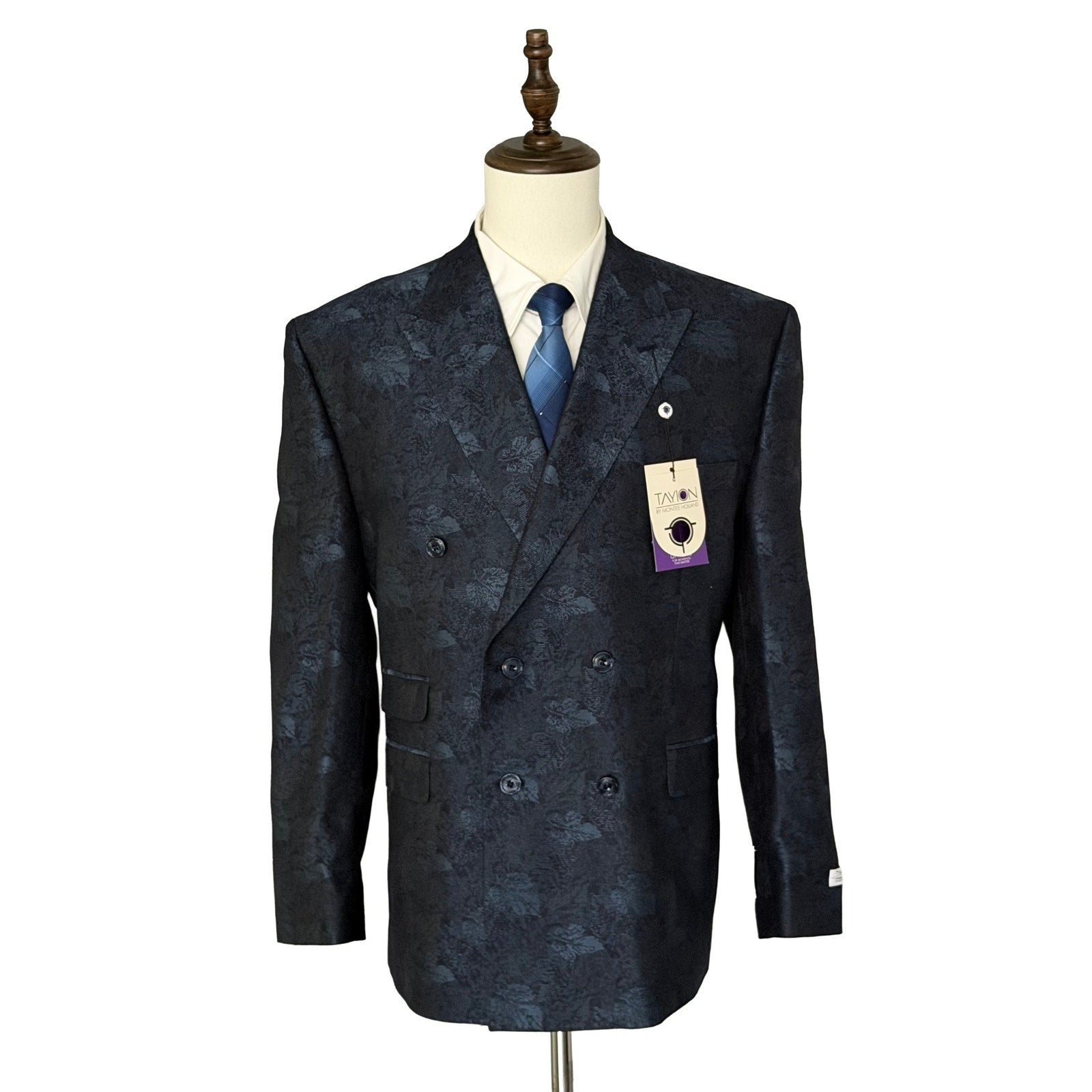 Tayion Sport Coat Men's 44 Short Double-Breasted Jacquard Blue Navy