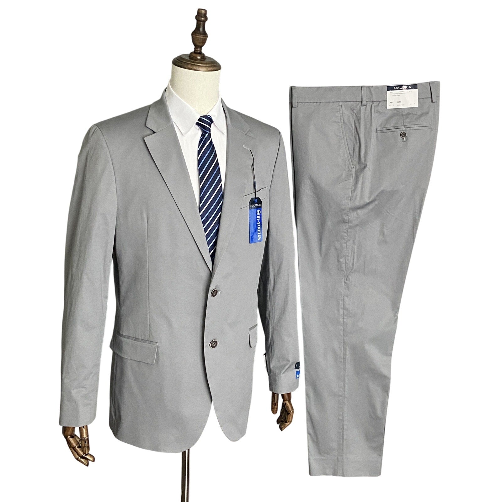 Nautica Men's Suit 2-Piece 36R 30W Bi-Stretch Cotton Gaff Solid Grey