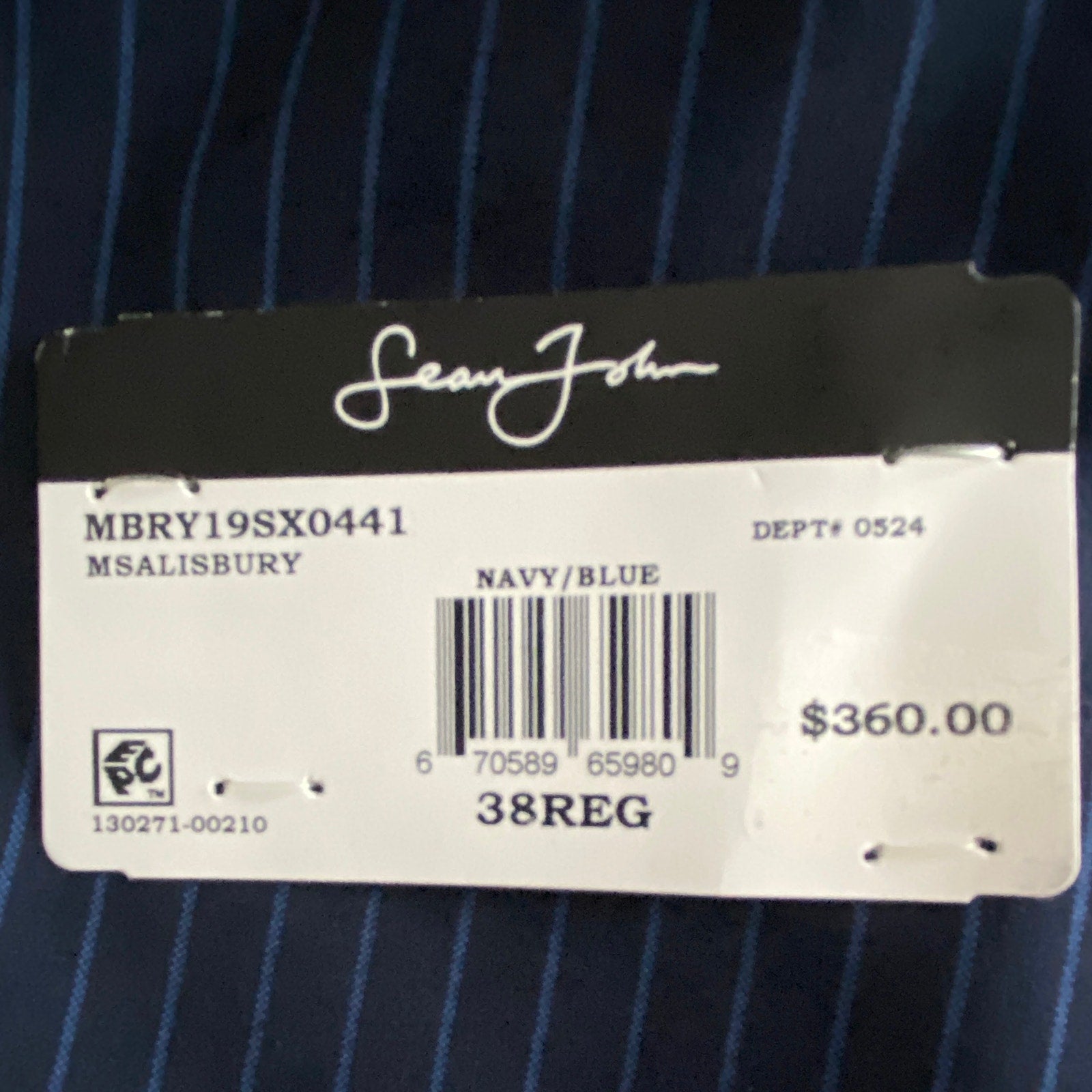 Sean John Men's 38R Classic Fit Suit Jacket Navy Blue Pinstripe