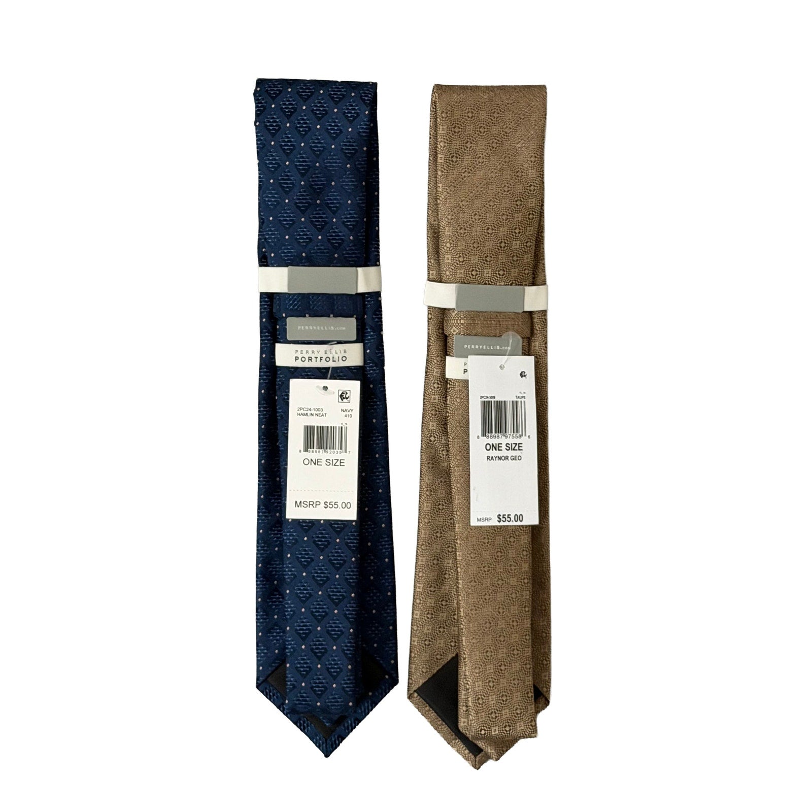 Perry Ellis Portfolio Ties Lot of 2 Men's Navy Diamond & Taupe Geometric