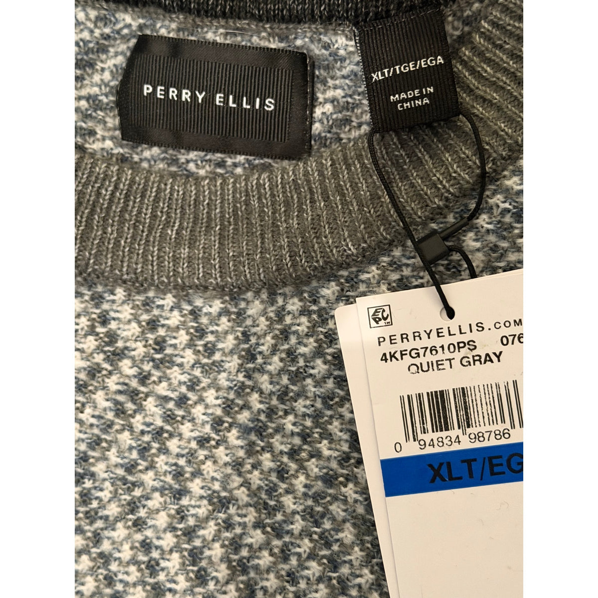 Perry Ellis Sweater Men's XLT Big & Tall Yarn Herringbone Crew Neck Gray NWT