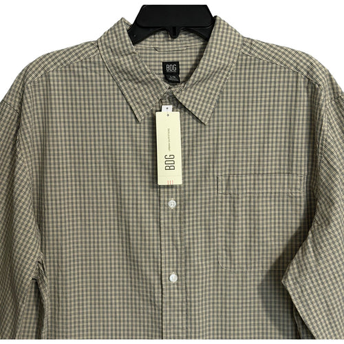 BDG Button-Up Shirt Men's Large Long Sleeve Beige and Black Plaid Check