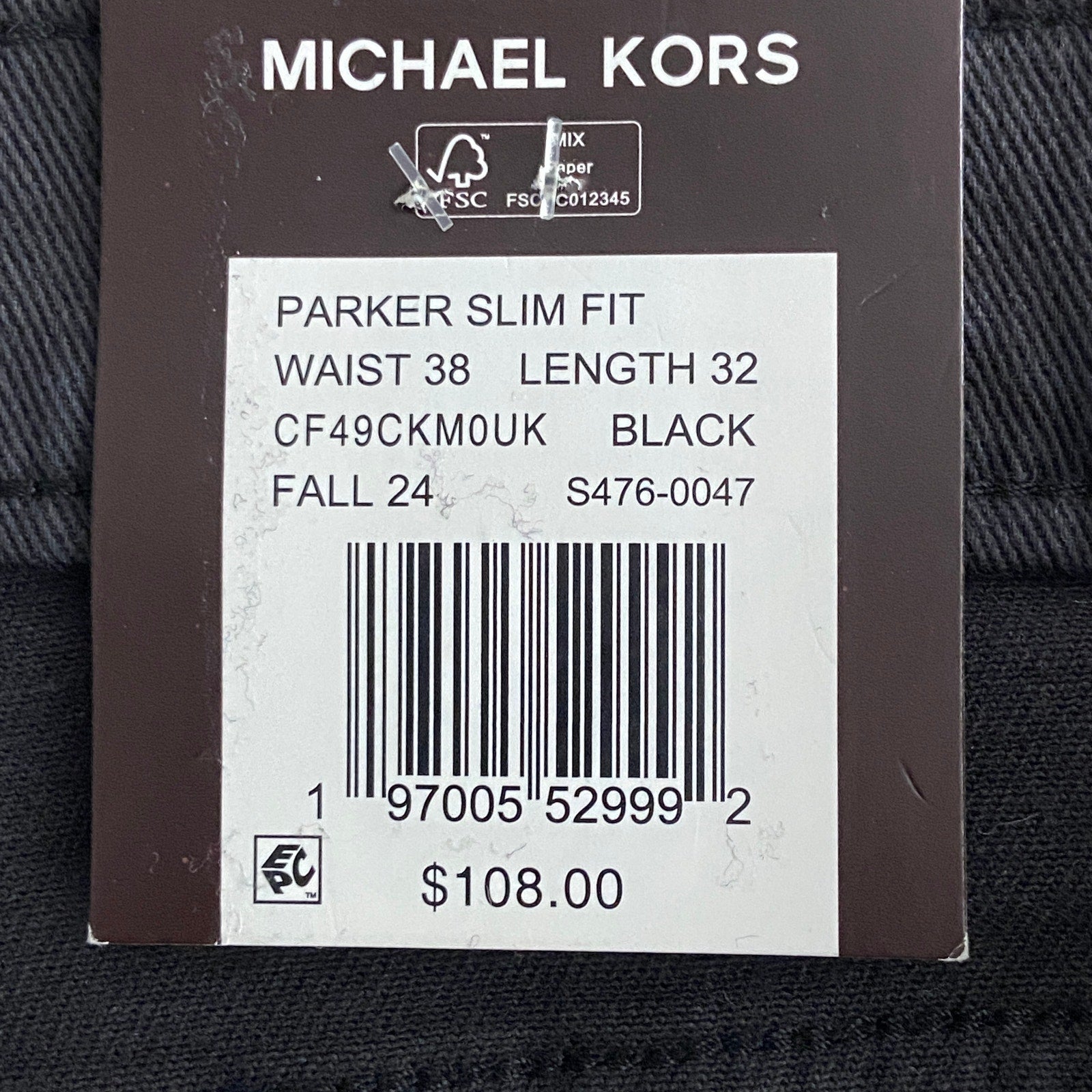 Michael Kors Men's 38x32 Parker Slim Fit Stretch Denim Pants Solid Black