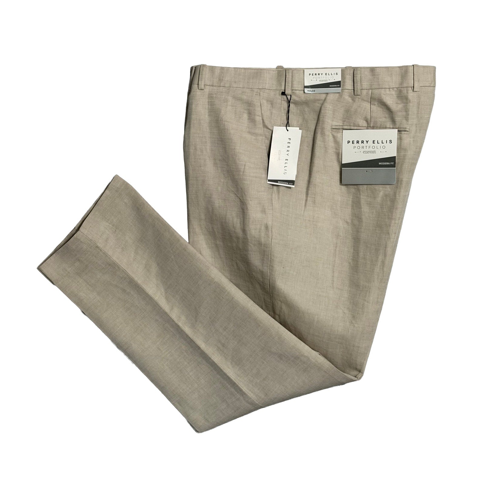 Perry Ellis Portfolio Pants Men's 40"x32" Modern Fit Linen Blend Beige