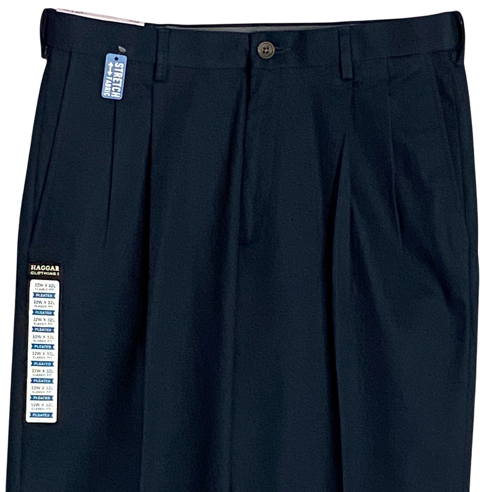 Haggar Premium No Iron Khaki Men's 32x32 Dress Pant Classic Fit Pleated Blue