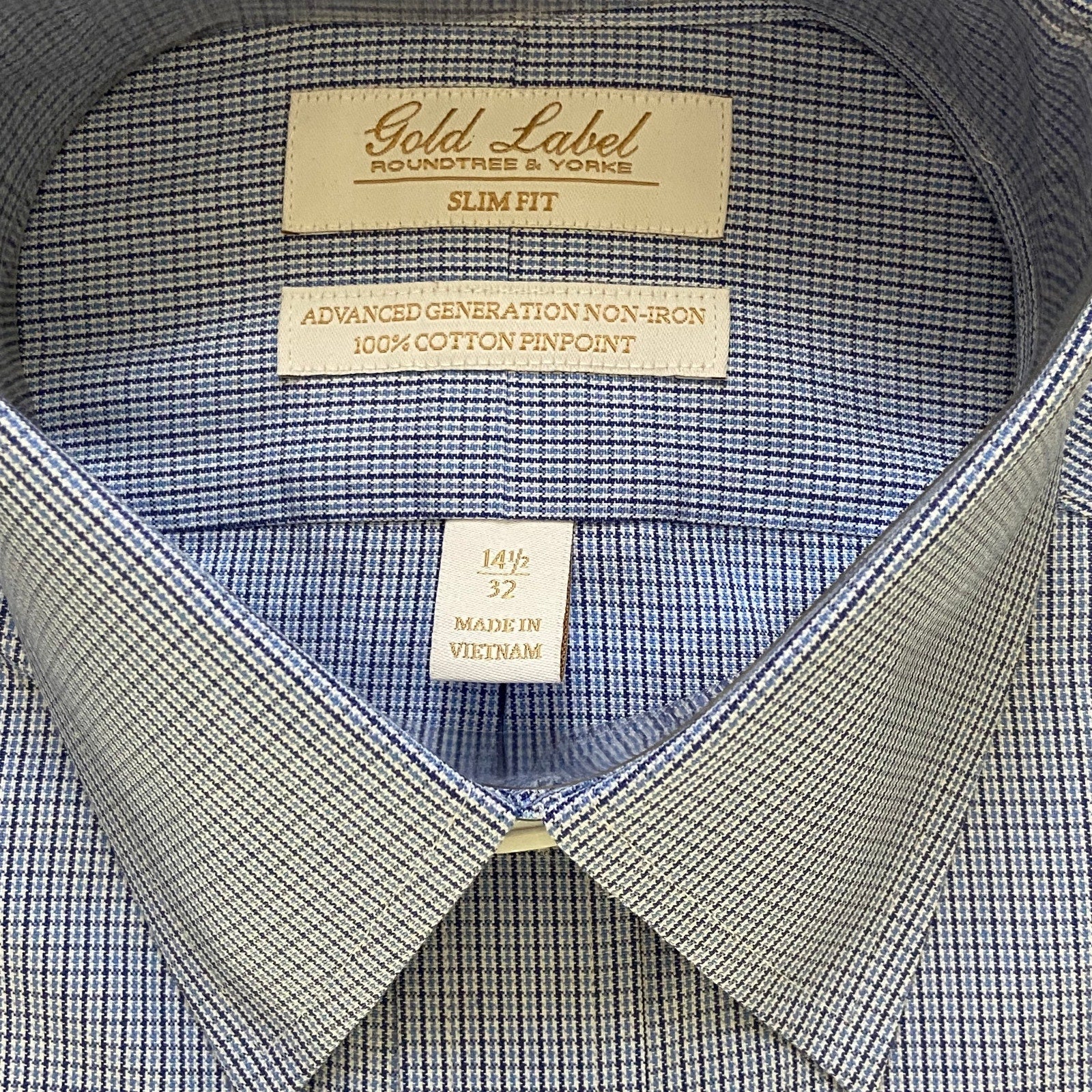 Roundtree & Yorke Shirt Men's 14.5 32 Slim Fit Cotton Pinpoint Blue Check