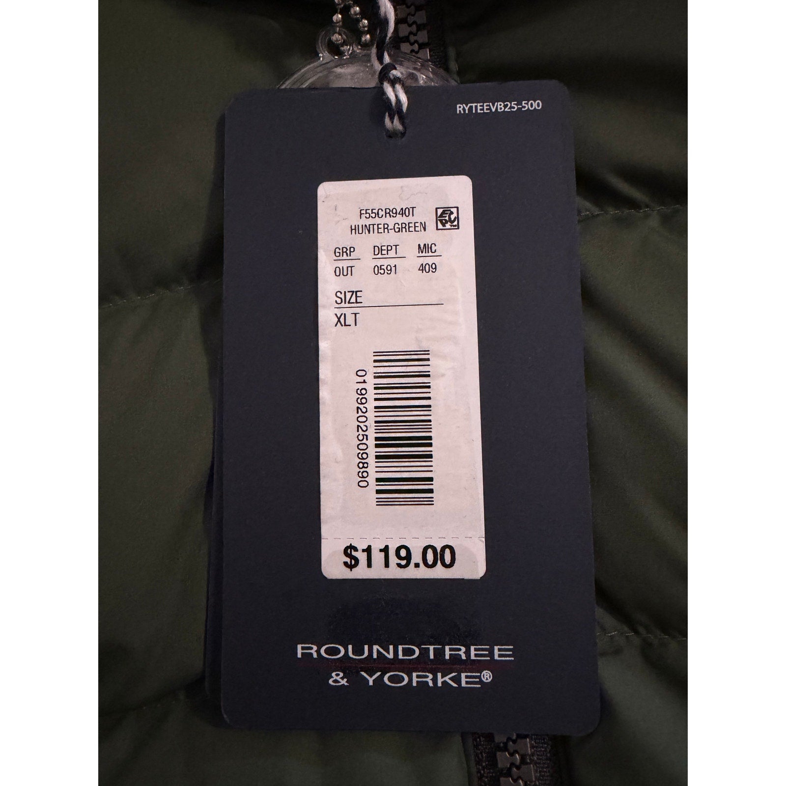 Roundtree & Yorke Down Vest Men's XLT Full Zip Packable Pockets Hunter Green