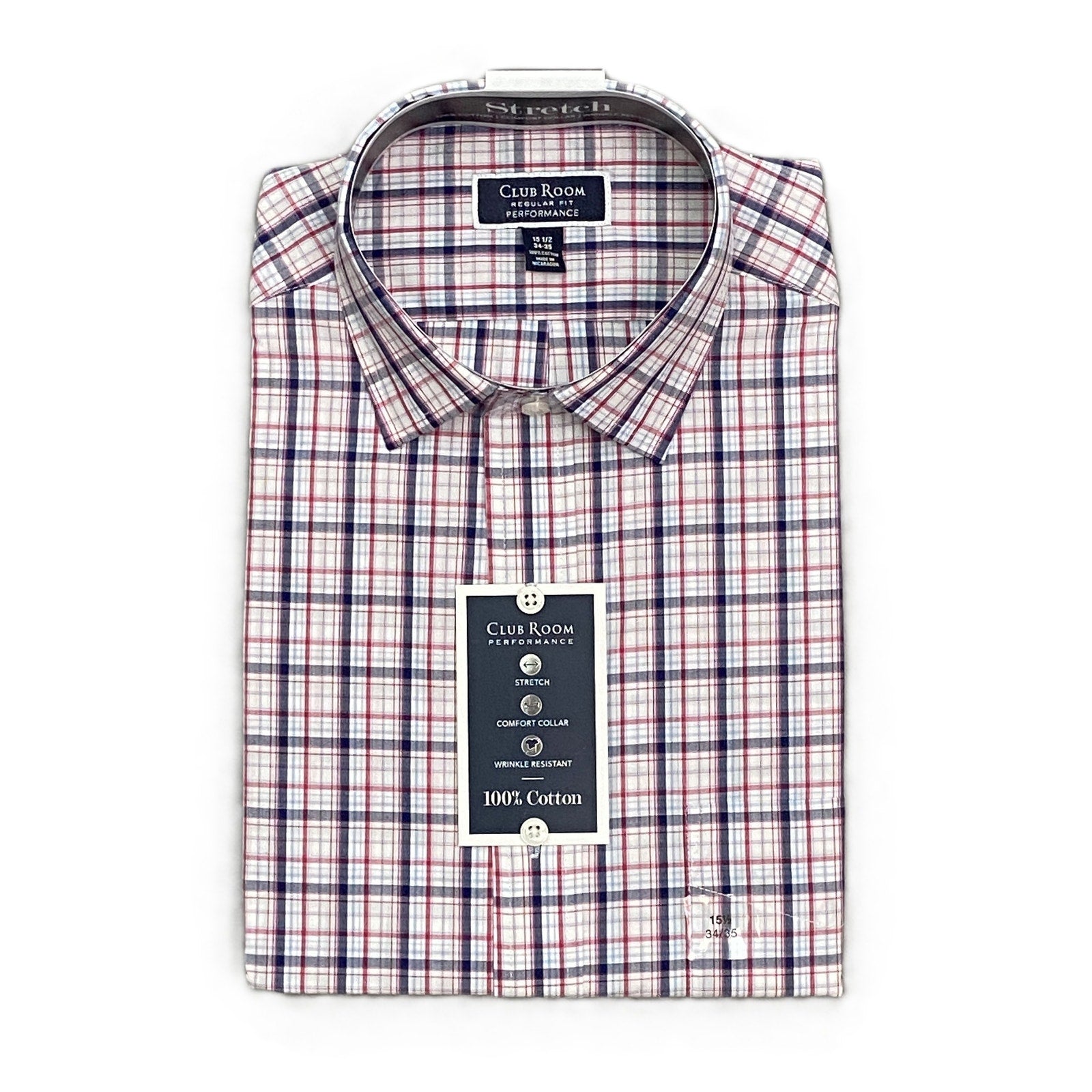 Club Room Dress Shirt Men's 15.5 34/35 Long Sleeve Cotton Plaid White Red Gray