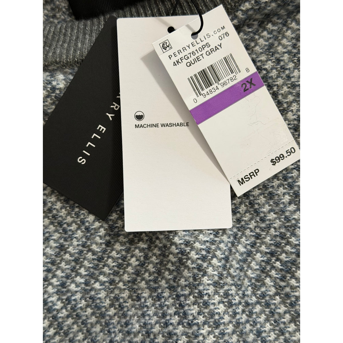 Perry Ellis Sweater Men's 2X Big & Tall Yarn Herringbone Crew Neck Gray