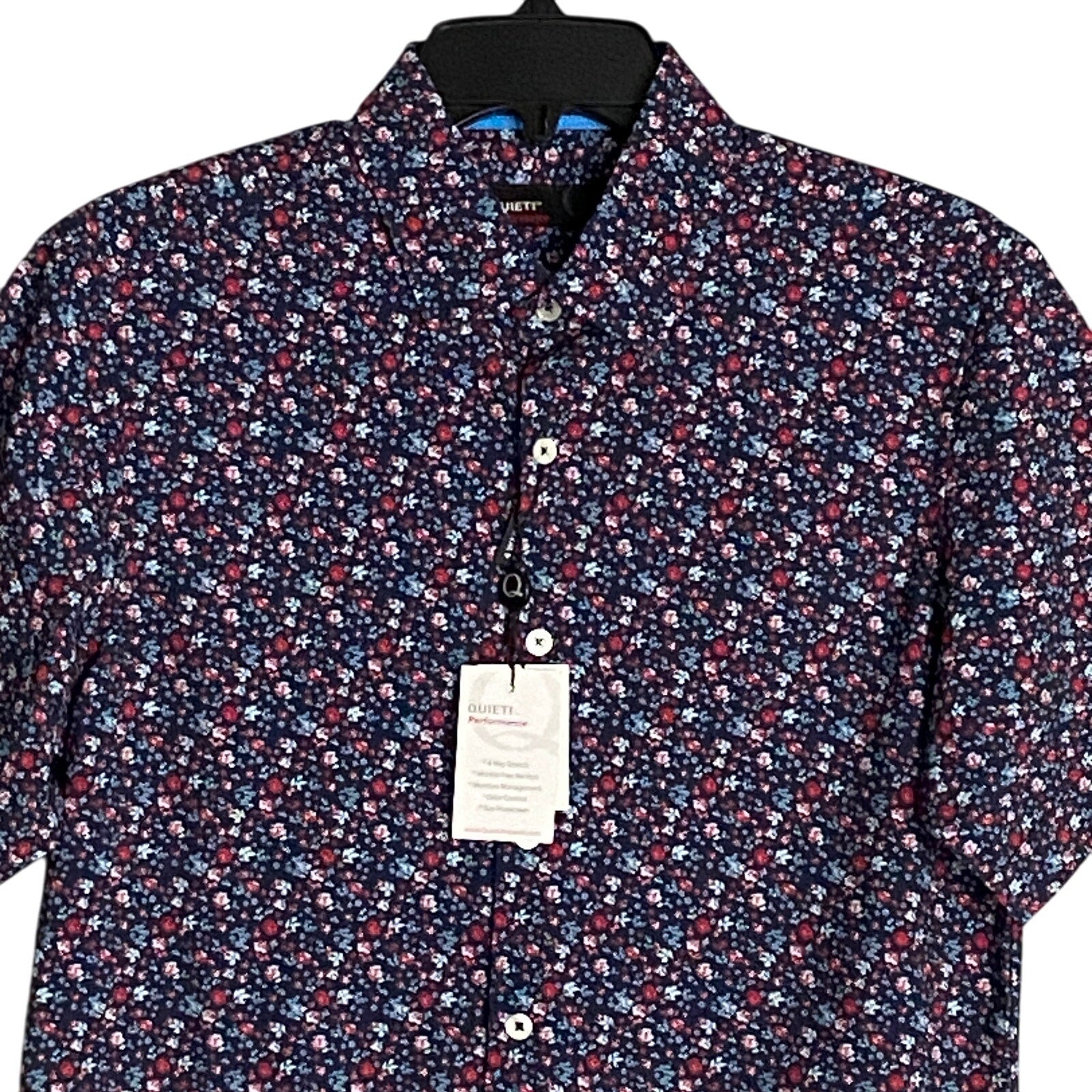 Quieti Performance Men's Shirt Small Short Sleeve Button-Up Navy Blue Floral