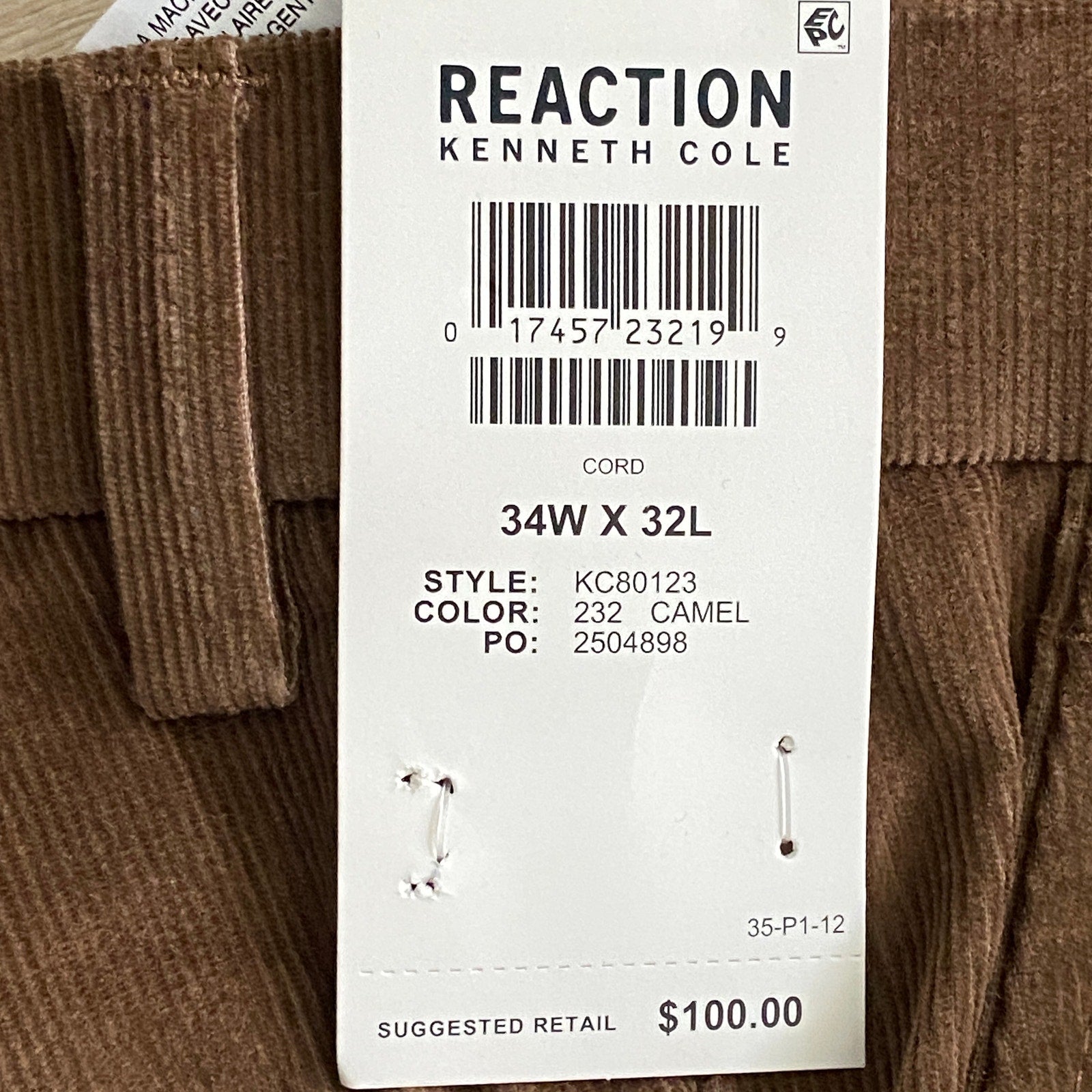 Kenneth Cole Reaction Pants Men's 34x32 Pant Slim Fit Stretch Corduroy Camel