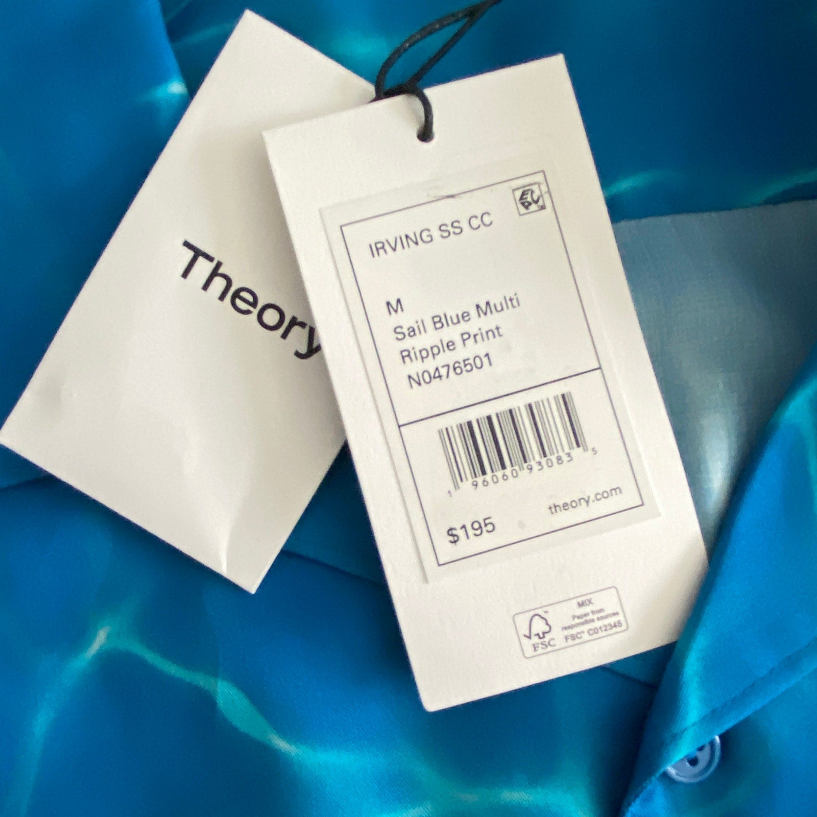 Theory Men's Medium Short Sleeve Shirt Camp Collar Blue Ripple Print