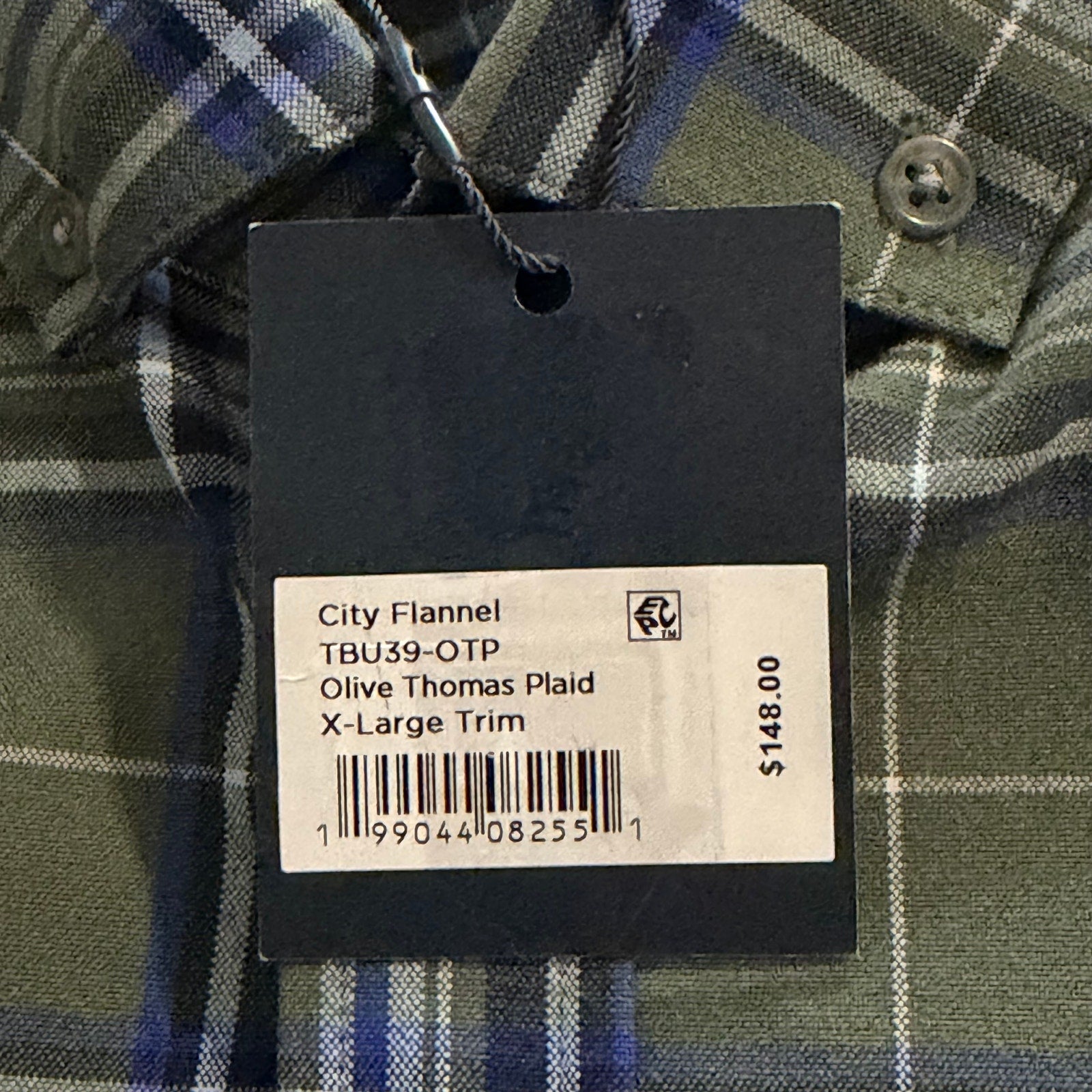 Mizzen+Main Men's XL Trim Fit City Flannel Twill Shirt Olive Thomas Plaid