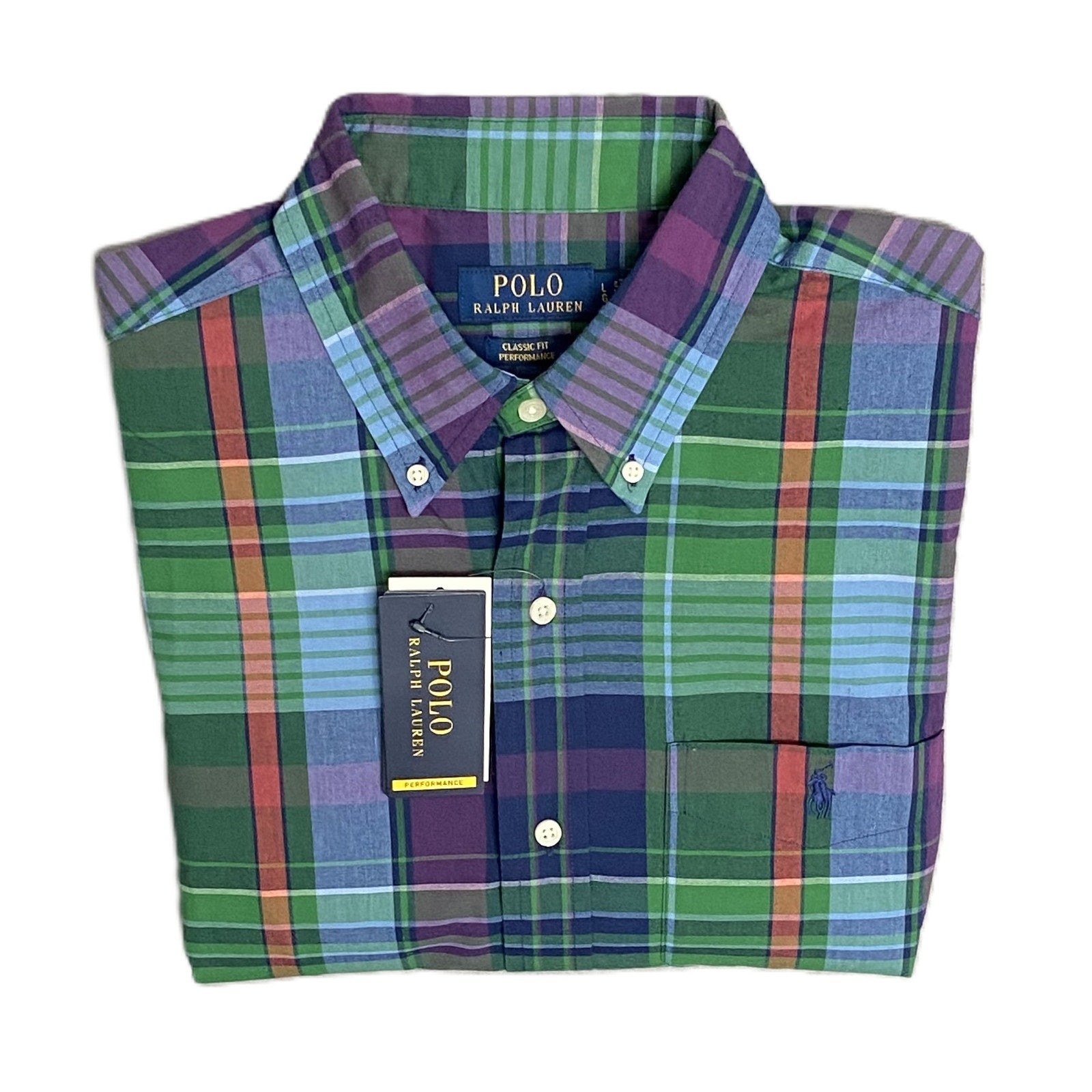 Polo Ralph Lauren Shirt Men's Large Classic Fit Performance Green/Navy Plaid