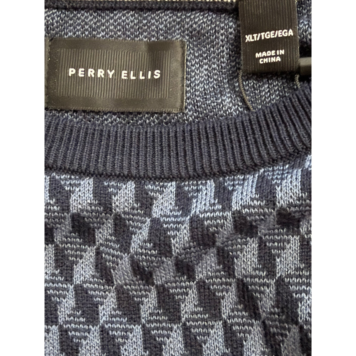Perry Ellis Men's XLT Big & Tall Geometric Jacquard Crew Neck Sweater Indigo