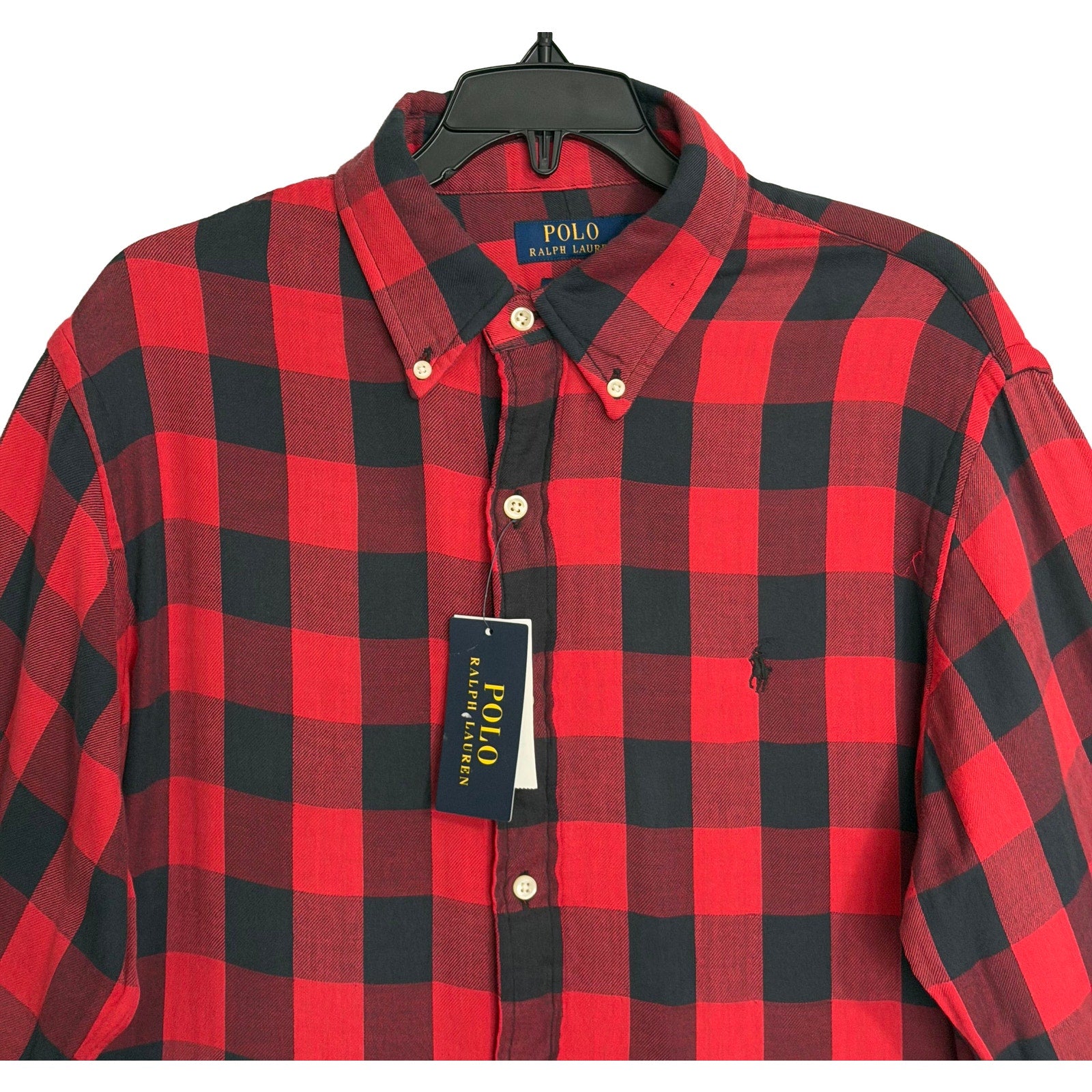 Polo Ralph Lauren Men's Large Classic Fit Linen Shirt Red Black Check