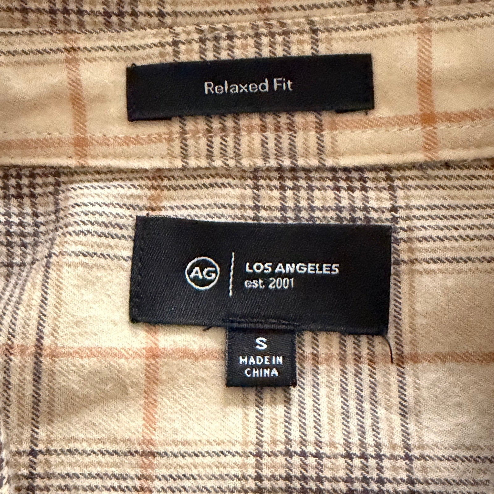 AG Los Angeles Wayne Work Shirt Men's Small Relaxed Fit Tan Plaid