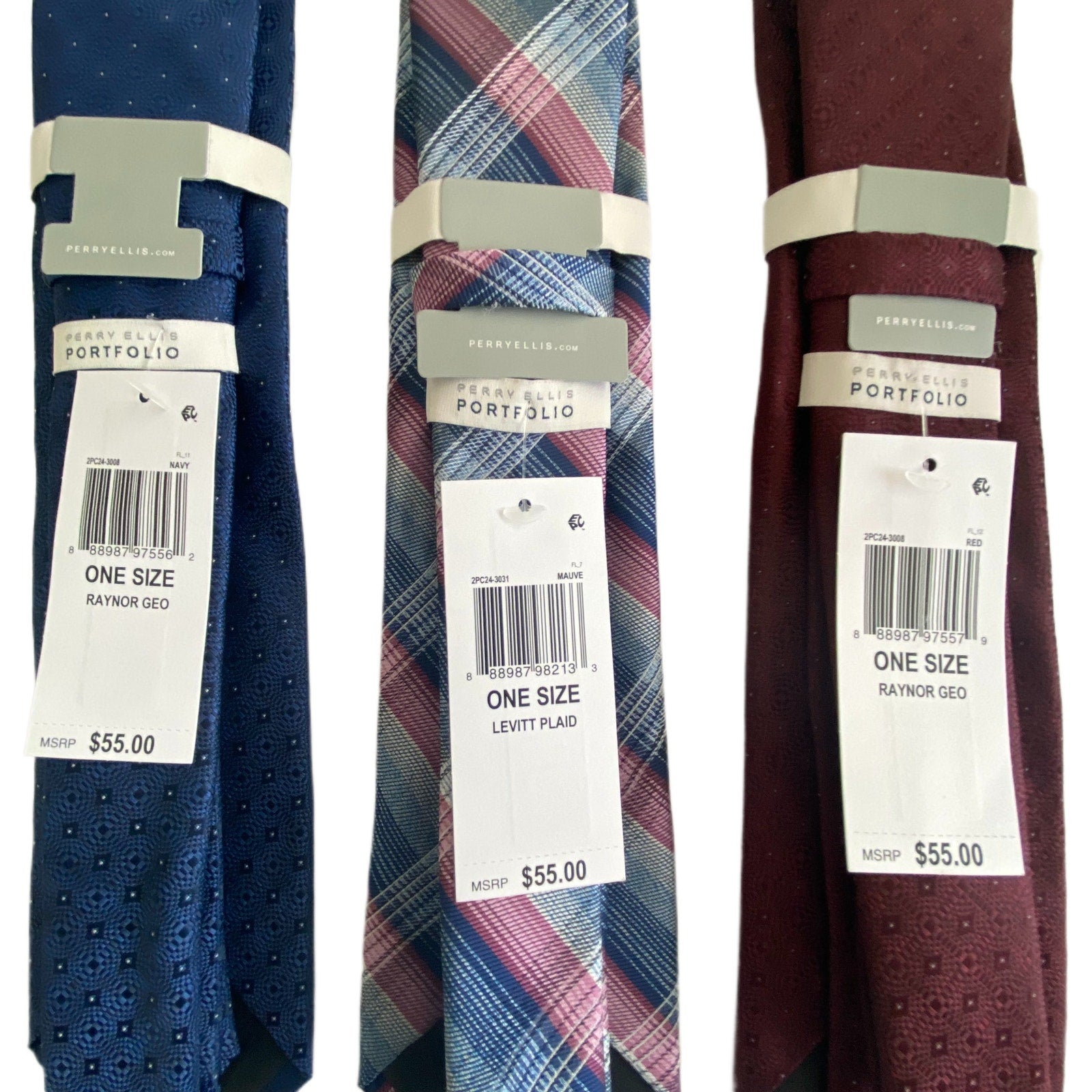 Perry Ellis Portfolio Necktie Lot of 3 Classic Width/Length Blue, Plaid, Red