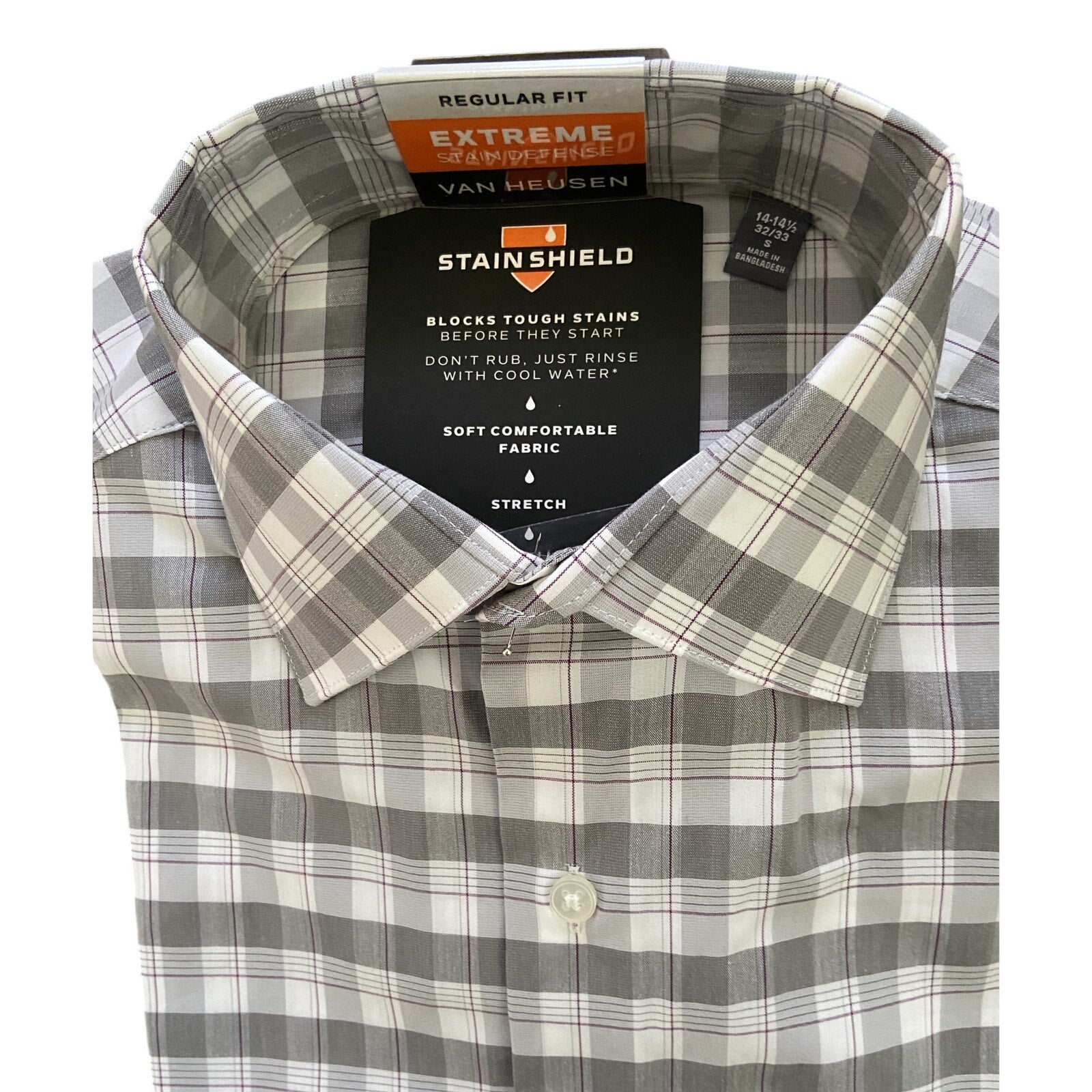 Van Heusen Shirt Men's Small 14-14.5 32/33 Regular Fit Stain Shield Stretch