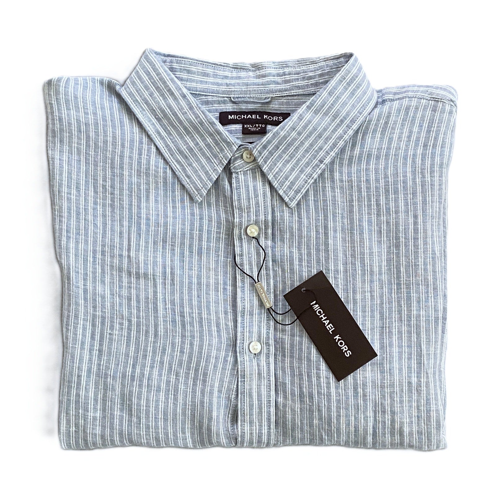Michael Kors Shirt Men's XXL Classic Fit Linen Short Sleeve Blue Pinstripe