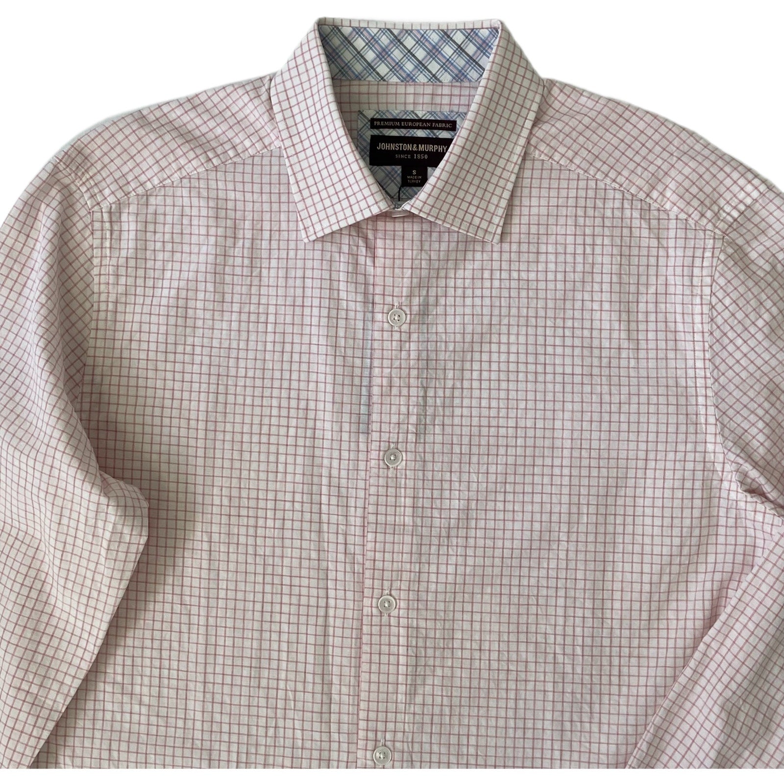 Johnston & Murphy Shirt Men's Small Button-Up Shirt Linen Blend Pink Check
