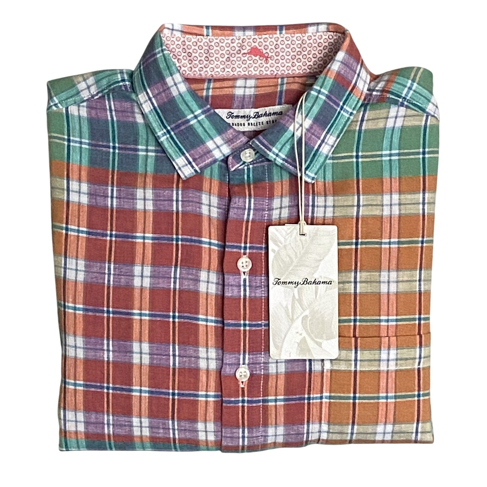 Tommy Bahama Shirt Men's Medium "Barbados Breeze Stretch" Plaid Linen Blend