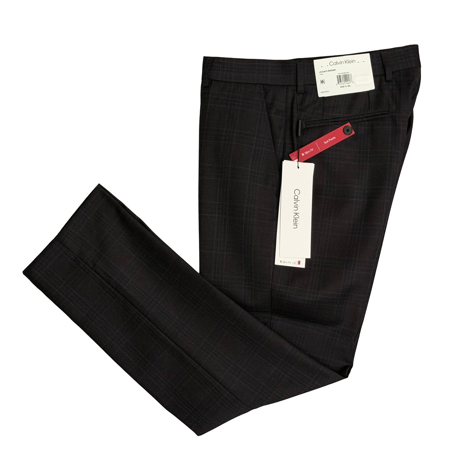 Calvin Klein Suit Pant Men's 32"x30" Slim Fit Stretch Navy Burgundy Check