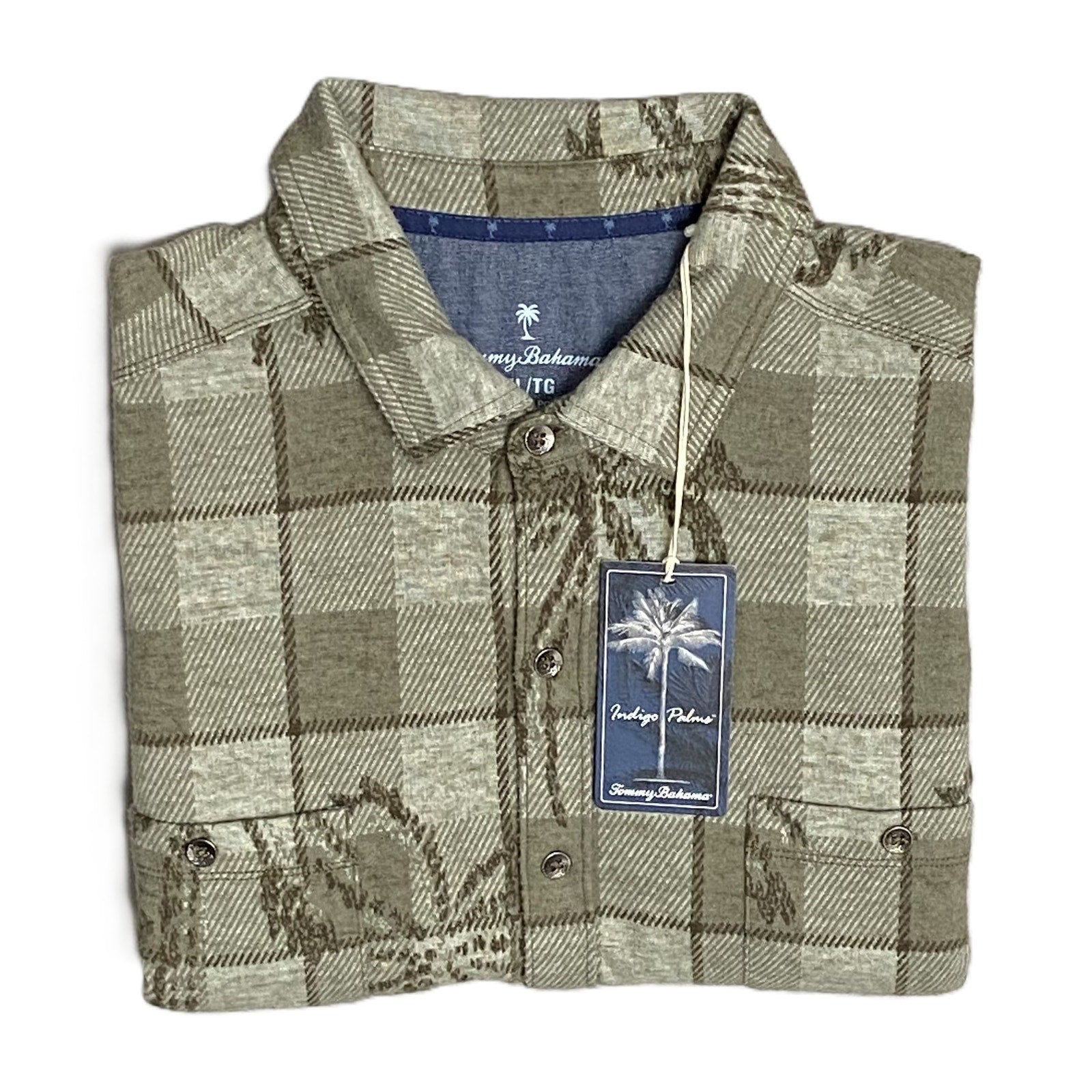 Tommy Bahama Flannel Shirt Men's XL "Fireside Palm Springs" Stretch Tea Leaf