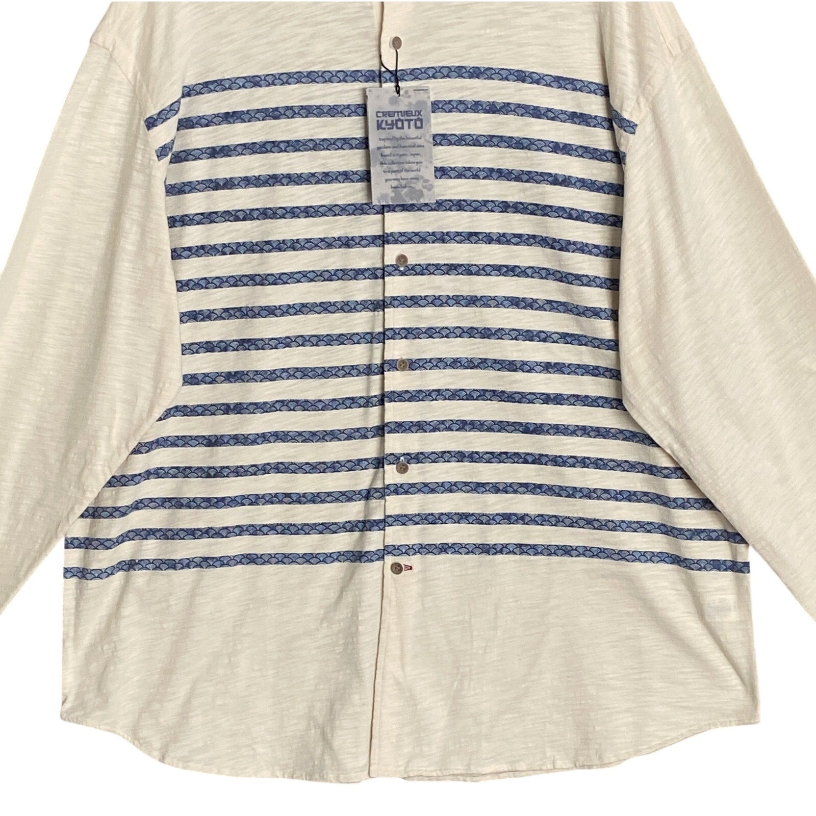 Daniel Cremieux Shirt Men's Large Long Sleeve Polo Shirt Cream Blue Stripe