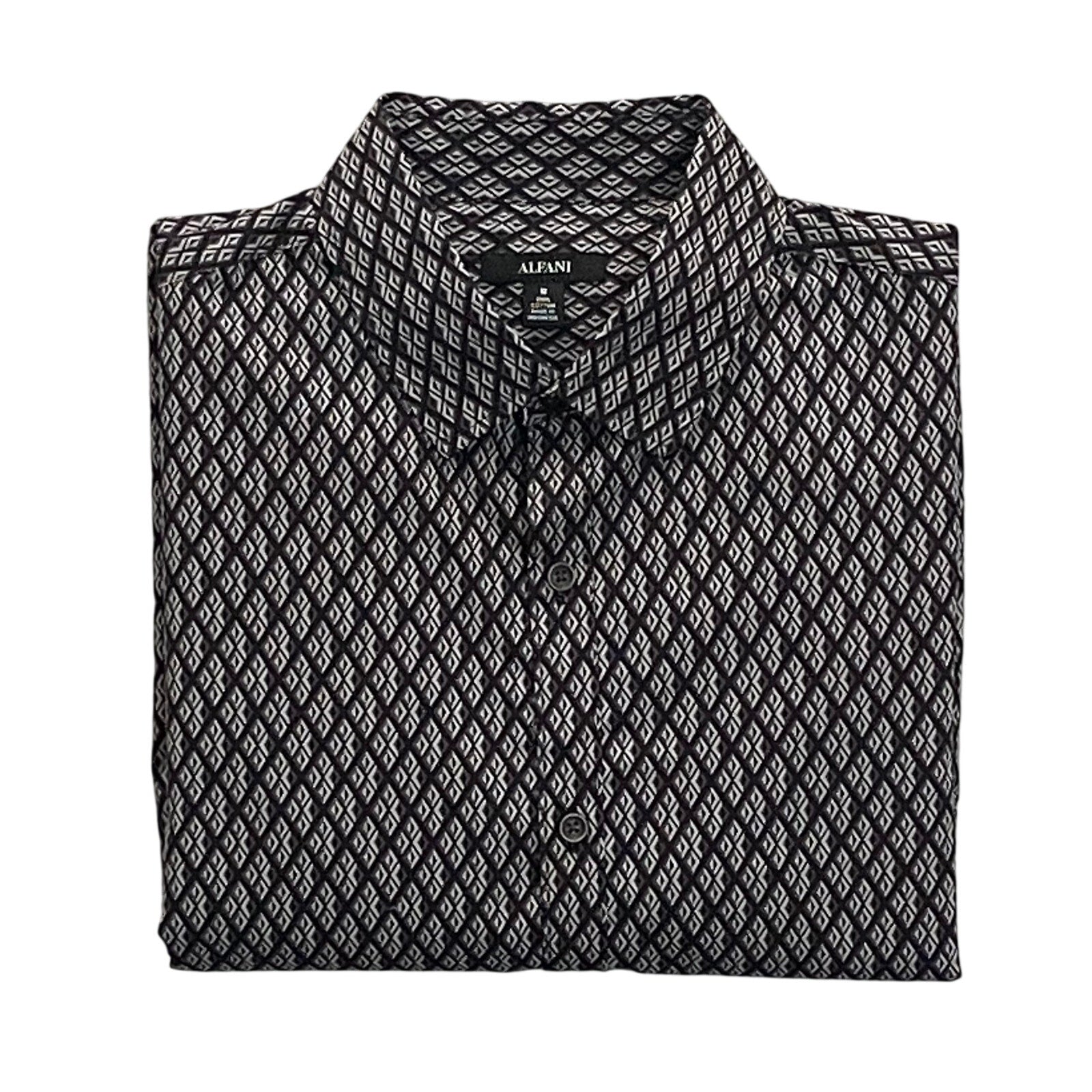 Alfani Dress Shirt Men's Medium Button-Up Cotton Long Sleeve Black Geo Print