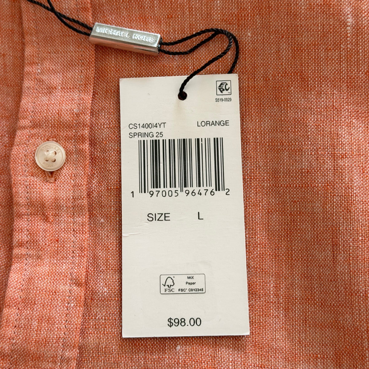Michael Kors Linen Shirt Men's Large Slim Fit Short Slv Button-Down Orange