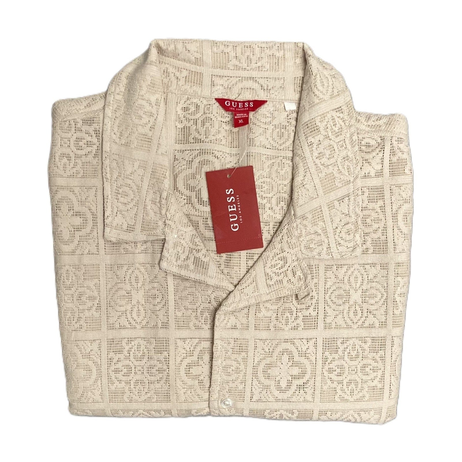 Guess Bacari Short Sleeve Shirt Men's XL Woven Cotton Blend Beige