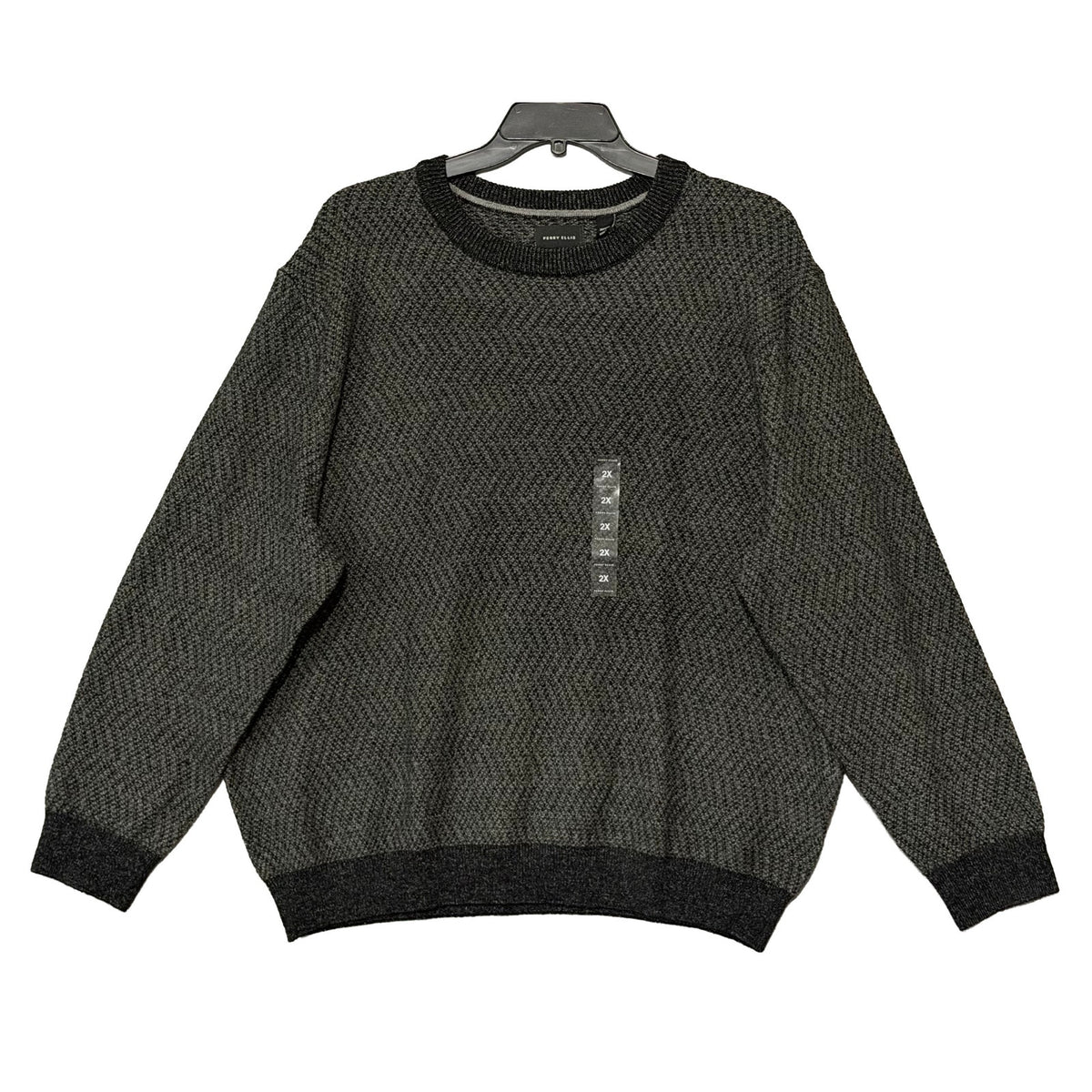 Perry Ellis Sweater Men's 2X Big & Tall Yarn Herringbone Crew Neck Black