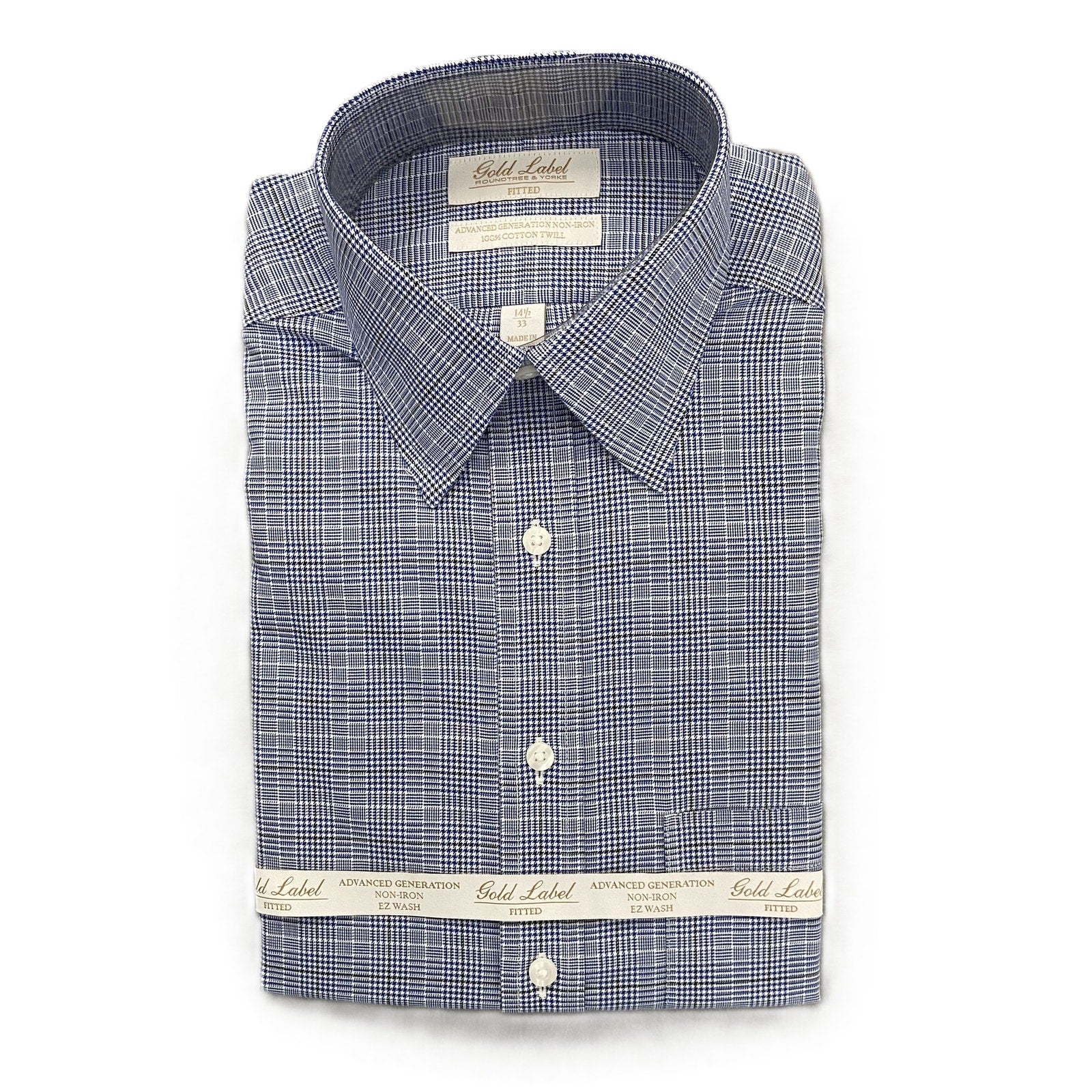 Roundtree & Yorke Shirt Men's 14.5 33 Fitted Cotton Twill Blue Plaid