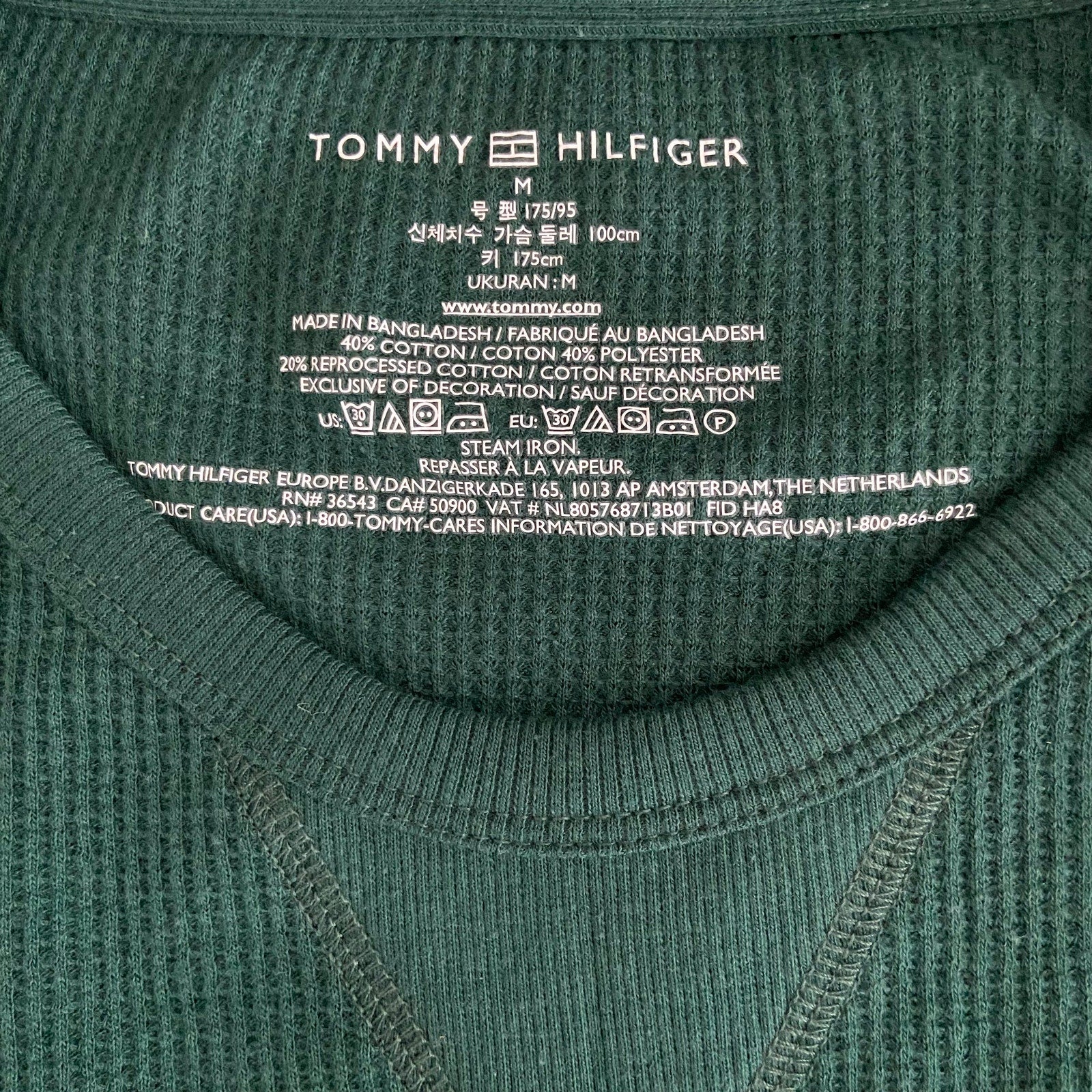Tommy Hilfiger Tee Men's Medium Long Sleeve Waffle-Knit Crew Neck Green